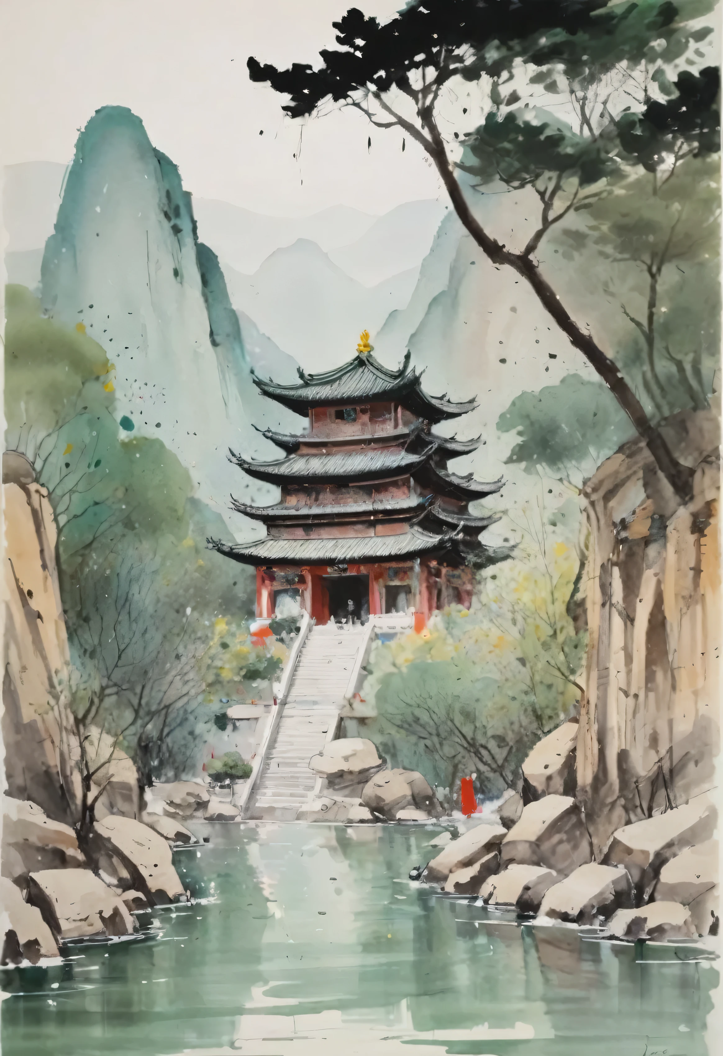 par Wu Guanzhong, aquarel, moine dans le temple, head of&#39;artwork, high details, complex detailed. 8k
