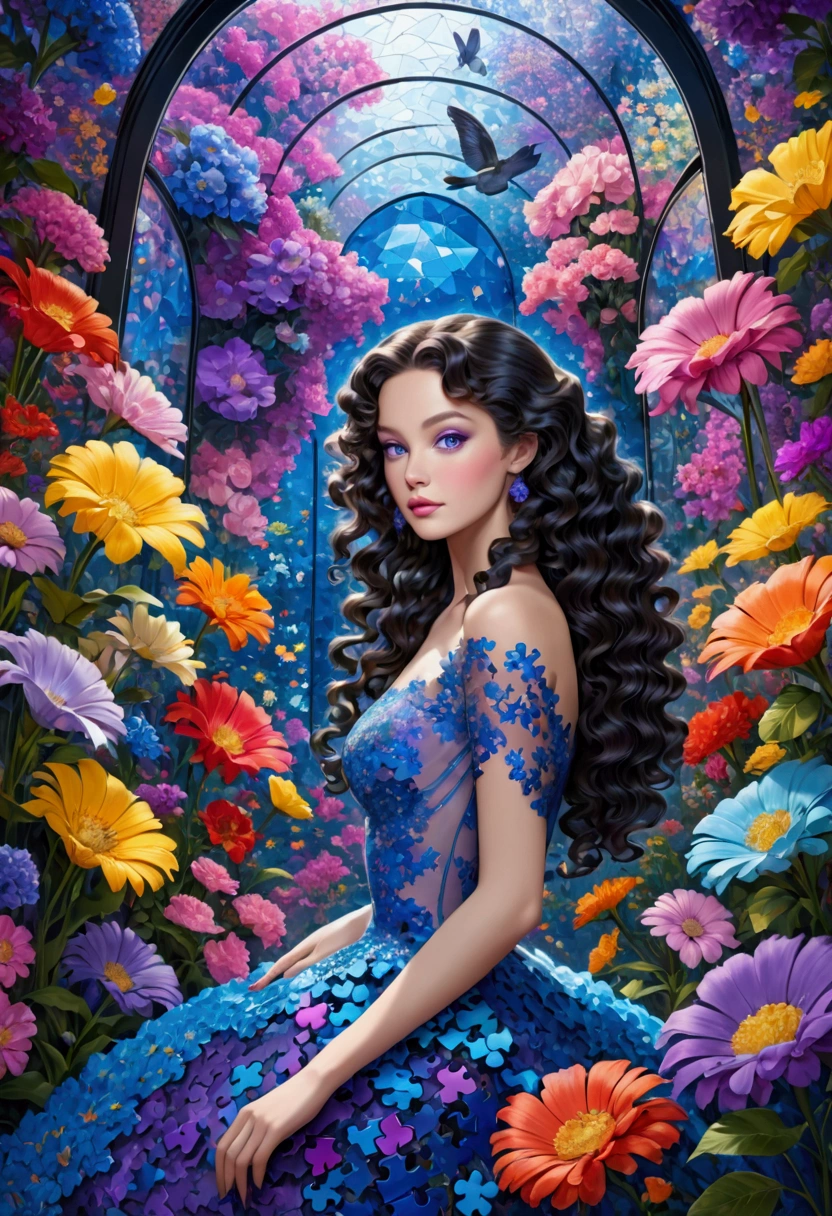 A wide-angle photo,Megan Hess Style, A beautiful woman,With curly hair,Wear haute couture,In a transparent glass museum,The whole scene is filled with blue and purple puzzle pieces,Colorful flowers background, Hyper-realistic images,32K,Ultra HD,illumination
