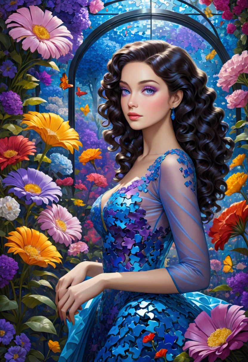 A wide-angle photo，Megan Hess Style, A beautiful woman，With curly hair，Wear haute couture，In a transparent glass museum，The whole scene is filled with blue and purple puzzle pieces，Colorful flowers background, Hyper-realistic images，32K，Ultra HD，illumination