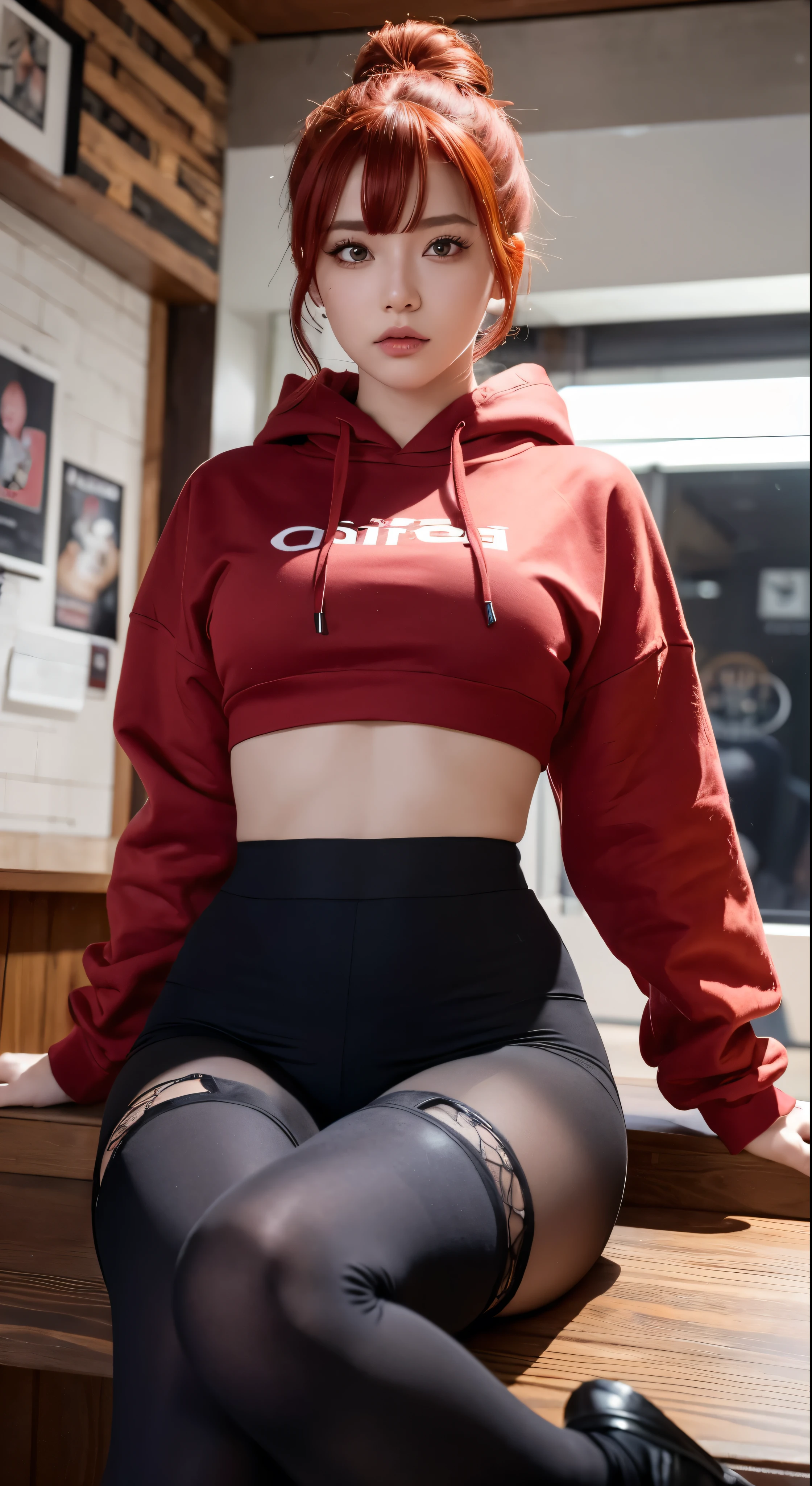 1 girl, Red hair, updo hairstyle, streaks of hair in face, red eyes, mascara, oversized hoodie, midriff, hot pants, tights, laced tights, bags under eyes, sitting, coffee shop, ground angle shot, viewer looking up, feet in tights,  saggy tits, chocker, raw photography, 8k, masterwork,