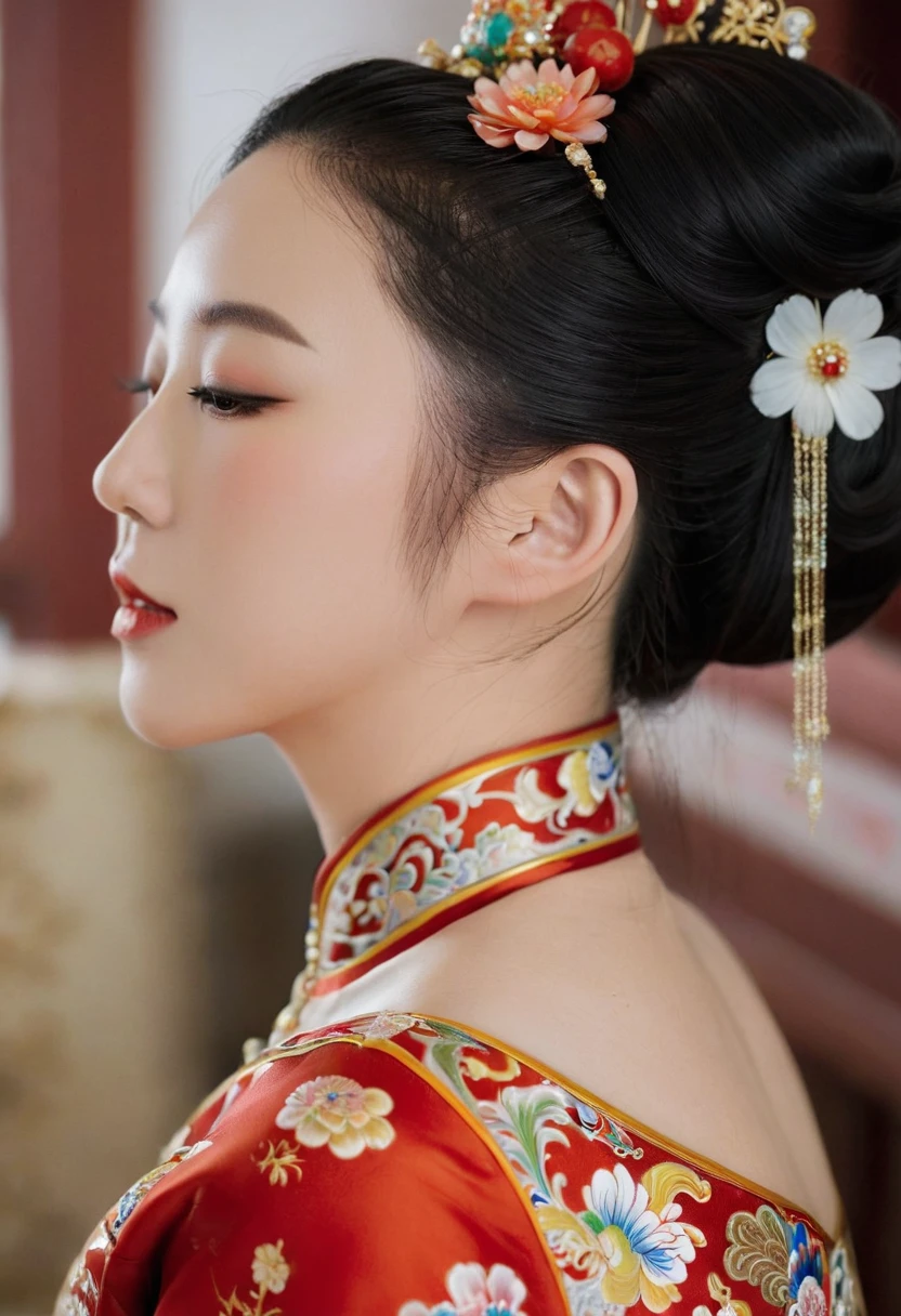 A side view of a Chinese empress, seen from close up on her buttocks. The background is a room in a Chinese palace during the Qing dynasty. She is sleeping in red Hanfu, with only her large buttocks sticking out. She is either wearing underwear or not, and her protruding buttocks are floating up.　　　　　　　　　　　　　　　　　　　　　　　　　　　　　　 Her hair is decorated with a large, flashy flower.　 The back of the hair is tied up and up.　Erotic Woman