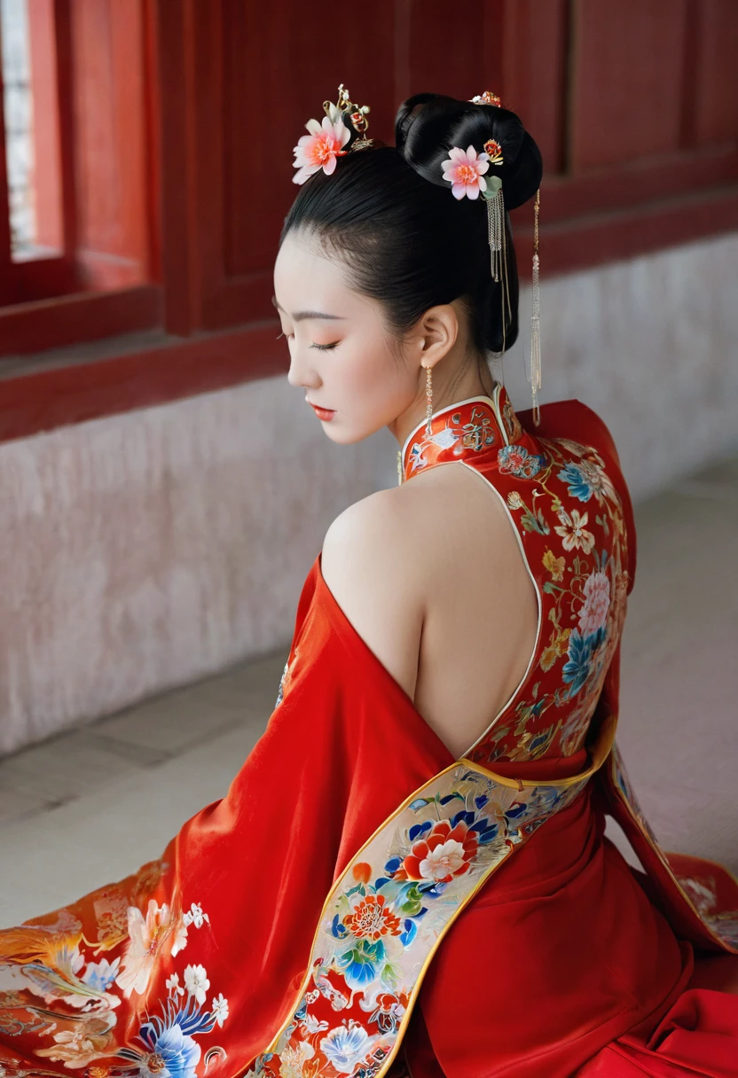 A side view of a Chinese empress, seen from close up on her buttocks. The background is a room in a Chinese palace during the Qing dynasty. She is sleeping in red Hanfu, with only her large buttocks sticking out. She is either wearing underwear or not, and her protruding buttocks are floating up.　　　　　　　　　　　　　　　　　　　　　　　　　　　　　　 Her hair is decorated with a large, flashy flower.　 The back of the hair is tied up and up.　Erotic Woman