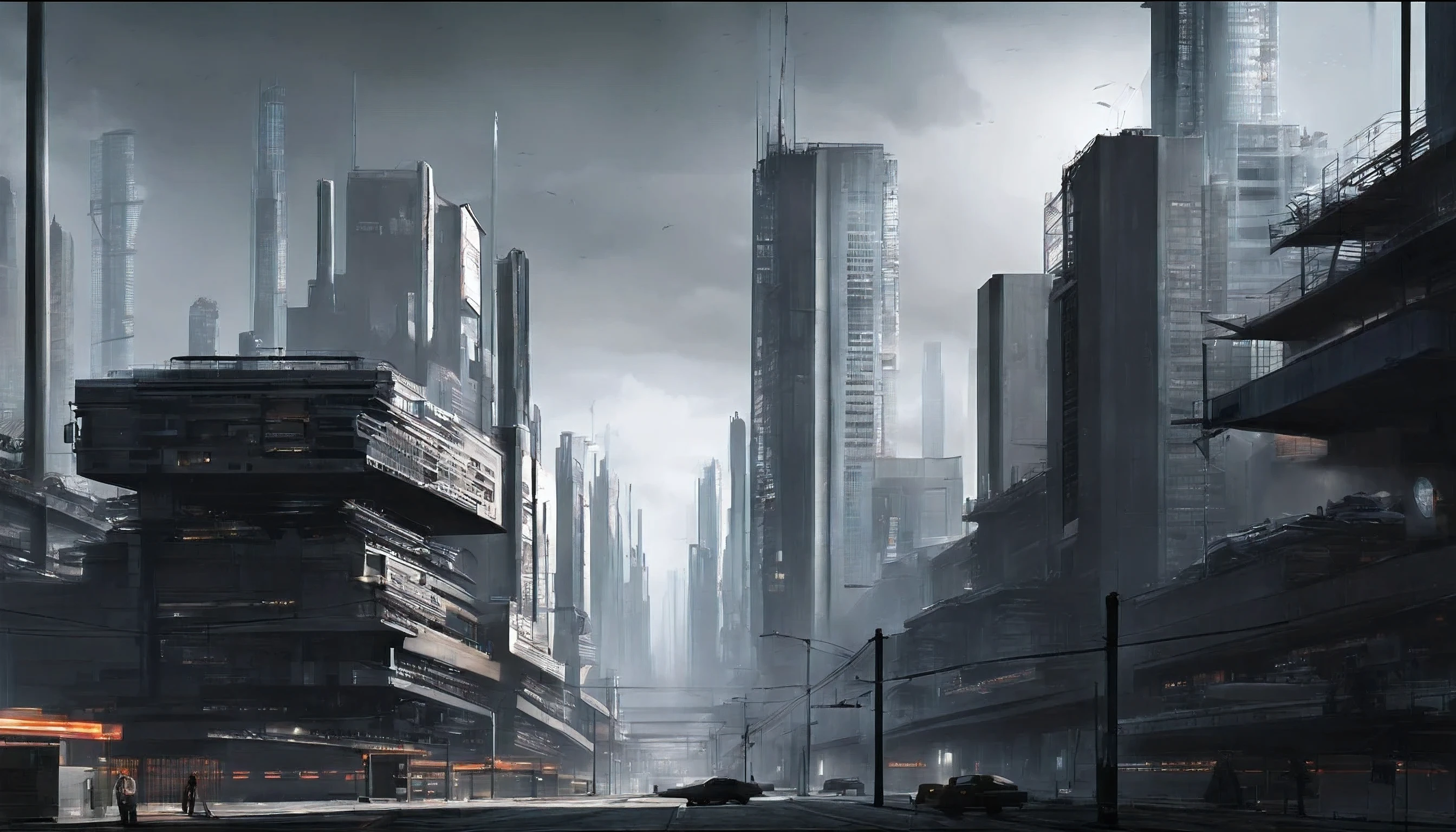 Industrial goth cyberpunk city, dystopian, high contrast, rich upper city, impoverished undercity