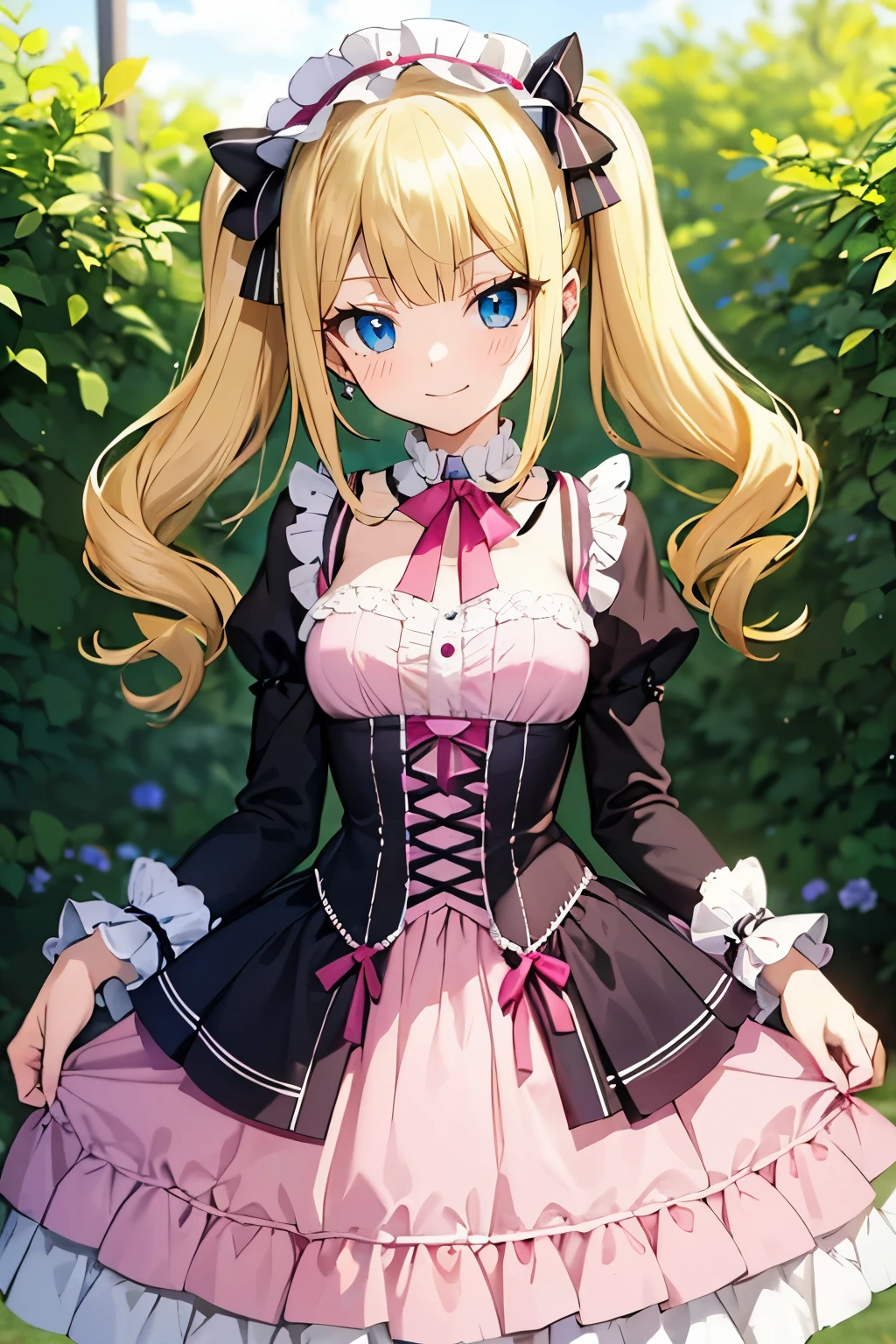 Safe for work, masterpiece, best quality, solo, 1 girl,  cute girl, wholesome girl, (young female body:1.4), ( medium small breasts), cowboy shot, shy smile, flustered, yellow hair, thick wavy hair, hime cut, very blunt bangs, light blue eyes, detailed eyes, outside, lolita fashion, pink red lolita dress, pigtails, cozy background, hot pink lolita dress