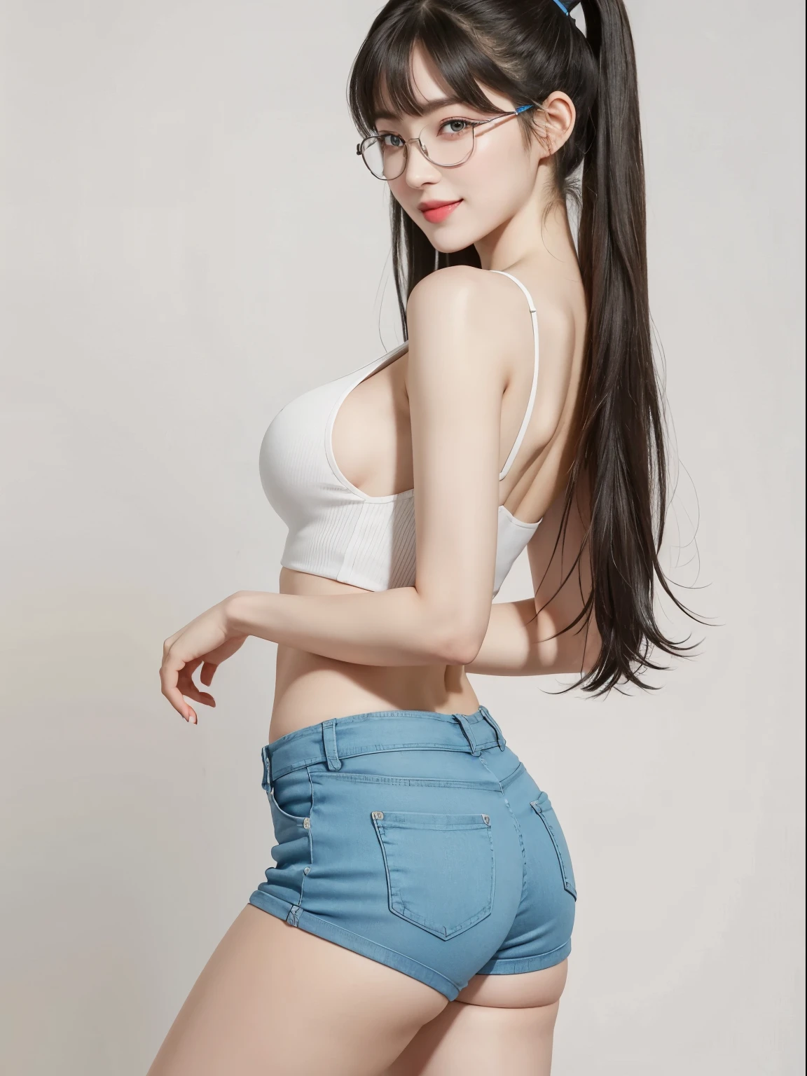(Best quality, masterpiece, detailed), (RAW, 4k, hd images), shy, 1 girl, 17 years old, white skin, long hair, ponytail, layers hair, bangs, black hair, beautiful girl, cute girl, sweet girl, pretty girl, perfect girl, pretty eyes, blue eyes, thin lips, thin, eye line, huge breast, glasses(detailed frame), simple background, smile, thigh, legs, crop tanktop, short pants, standing, back side angle capture, half body, side breast, big breast, large breast