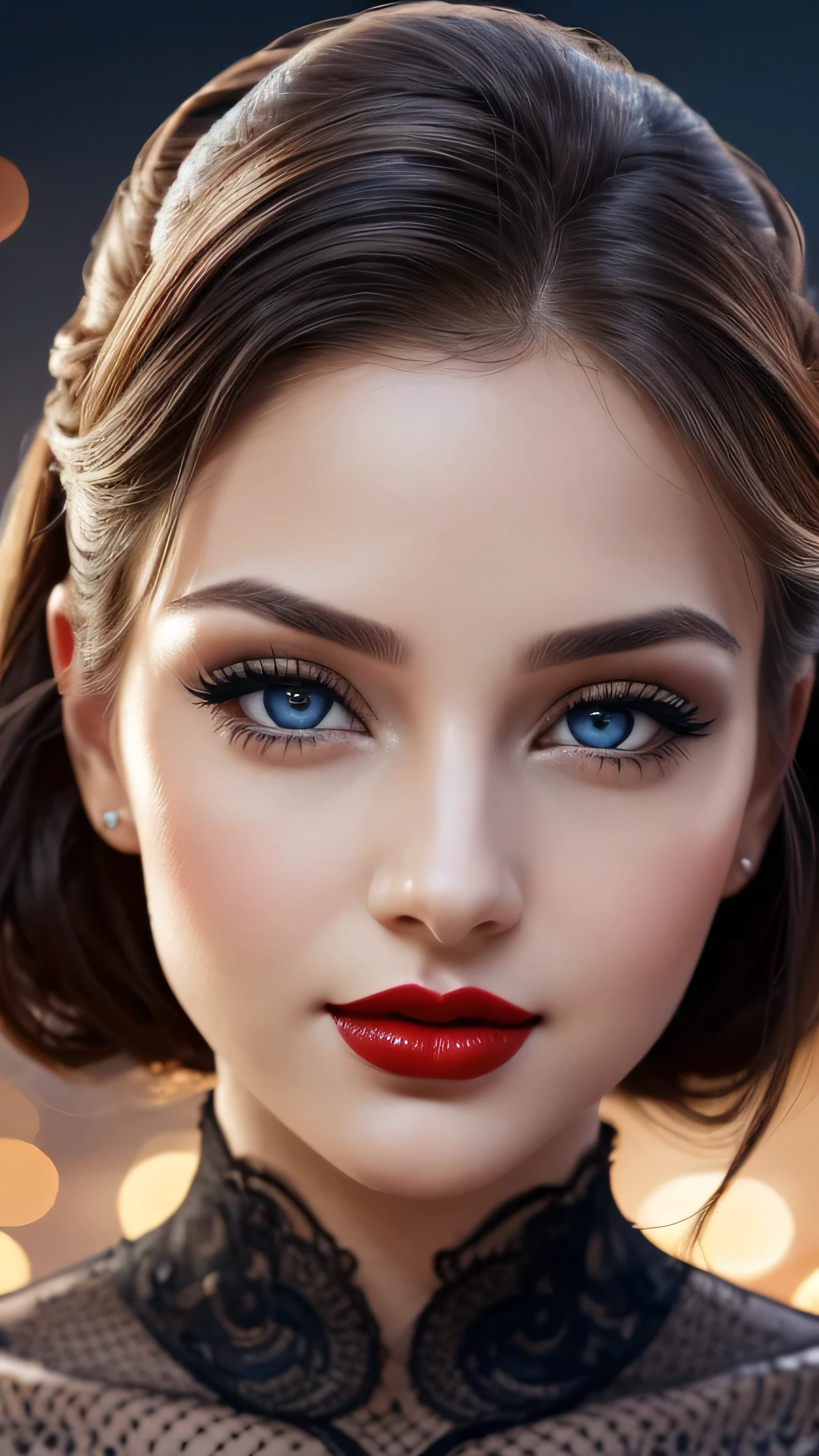 night bokeh effect background, Perfect Eyes, Great face, Beautiful appearance, ((Red lips, Bright Eyes, Curve Heir 1.5)), ((Beautiful detailed body)), Amazing gorgeous, amazing beautiful face, Pretty face, Bright Eyes, Updo Elegant Hair, Blurred gray tone background, super concentrated, Illuminate, Facial details, 8k resolution, I drew, Dry brush, Brush strokes