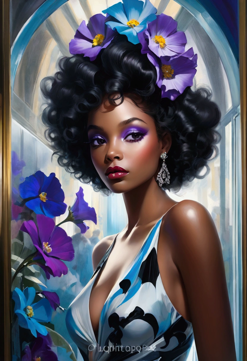 A wide-angle photo，Lillian Bassman Style, A beautiful black woman，With curly hair，Wear haute couture，In a transparent glass museum，The whole scene is filled with blue and purple puzzle pieces，Colorful flowers background, Hyper-realistic images，32K，Ultra HD，illumination