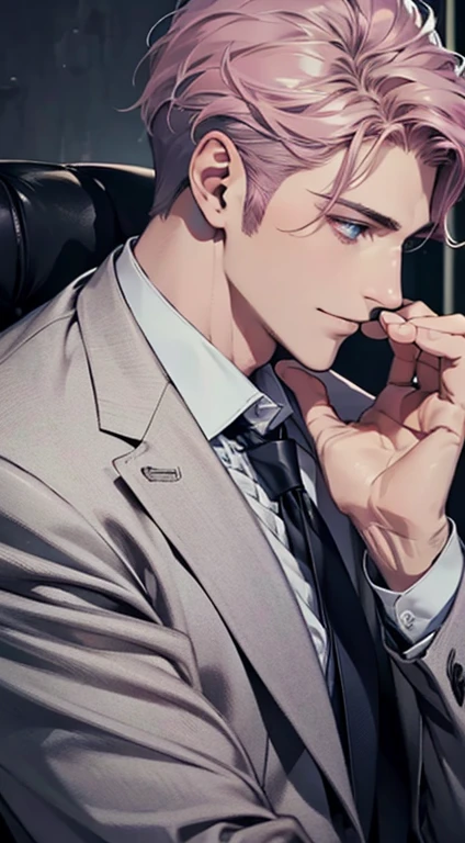 (Highest quality,4K,8K,High resolution,masterpiece:1.2),Super detailed,(Realistic,photoRealistic,photo-Realistic:1.37),1 person,31 years old,Mature Men,Beautiful skin、Profile、very handsome,Expressionless,smile,Short gray pink hair,blue eyes,Sharp Eyes,A perfect face without a doubt,Businessman,Office Background,Cinema Lighting,HDR image,tie、