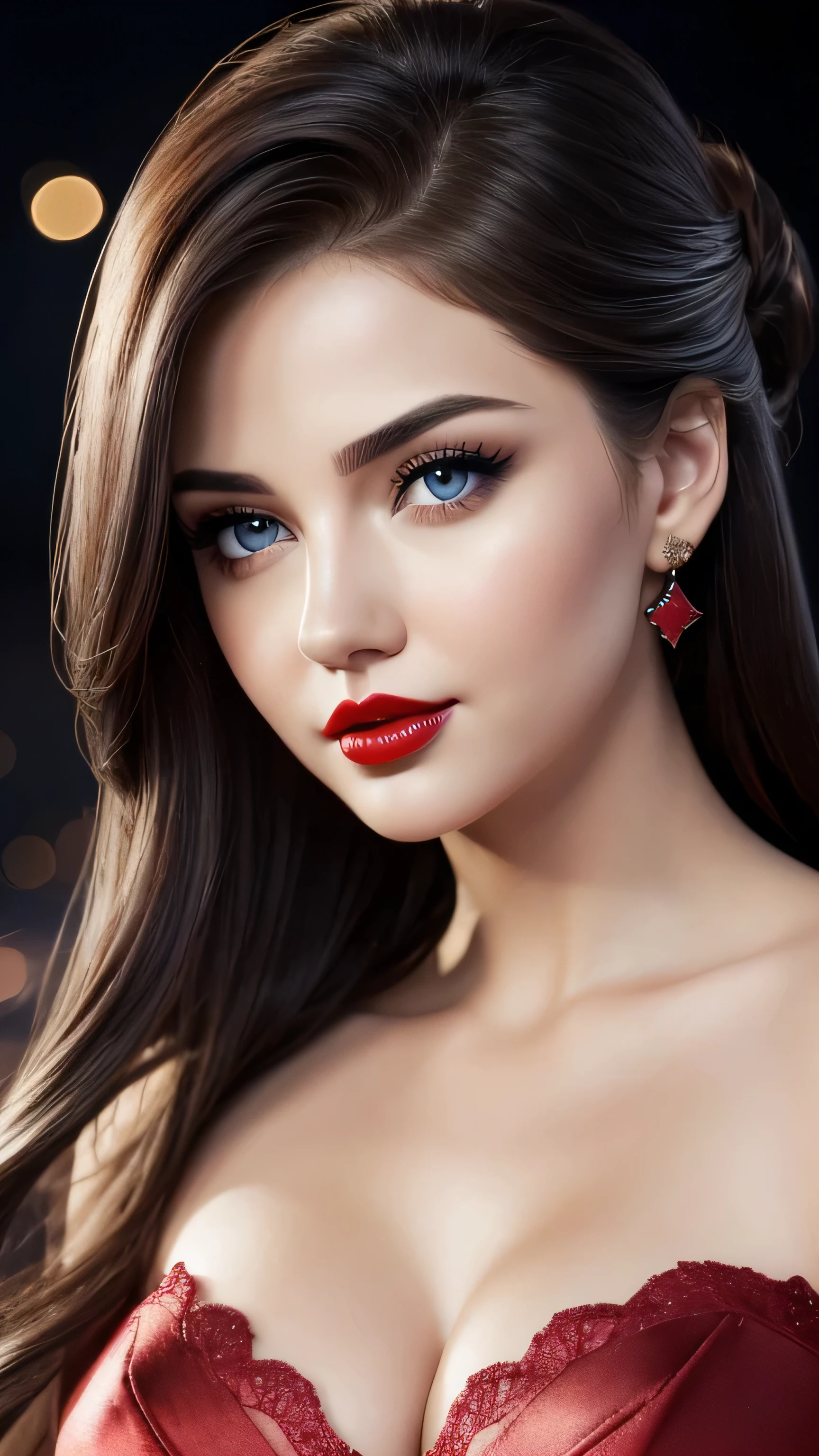night bokeh effect background, Perfect Eyes, Great face, Beautiful appearance, ((Red lips, Bright Eyes, Curve Heir 1.5)), ((Beautiful detailed body)), Amazing gorgeous, amazing beautiful face, Pretty face, Bright Eyes, Updo Elegant Hair, Blurred gray tone background, super concentrated, Illuminate, Facial details, 8k resolution, I drew, Dry brush, Brush strokes