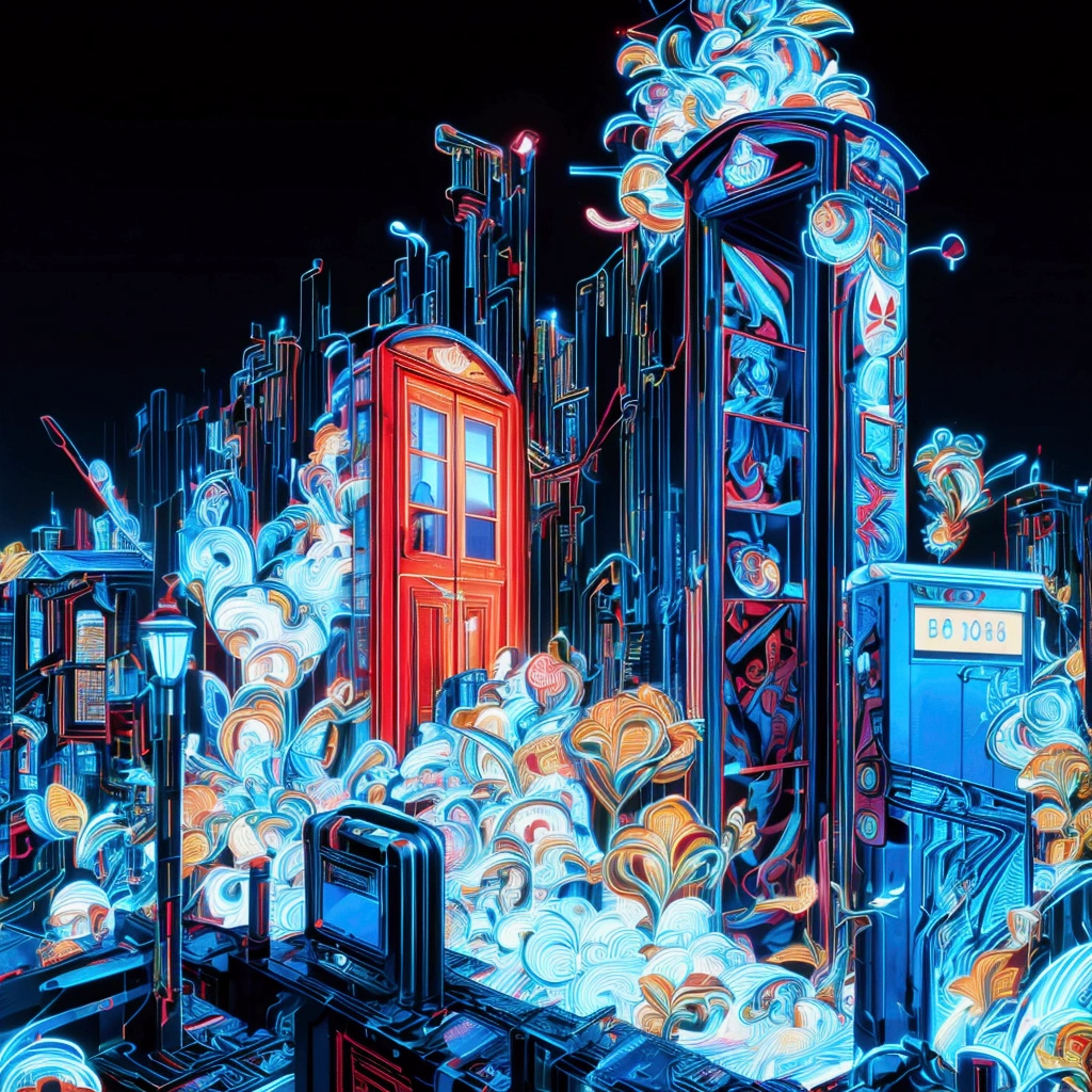 Graffiti of a telephone booth with a red door and a blue and white design., Tristan Eaton Wallpaper, inspired by Sandra Chevrier, abstract conceptual, synthetic cubism, abstract surrealism, abstract concept, anime abstract art, Masterpiece of abstract surrealism, futuristic cubism, maximalism digital art, intricate summary. cyberpunk, Contemporary digital art, tristan eaton