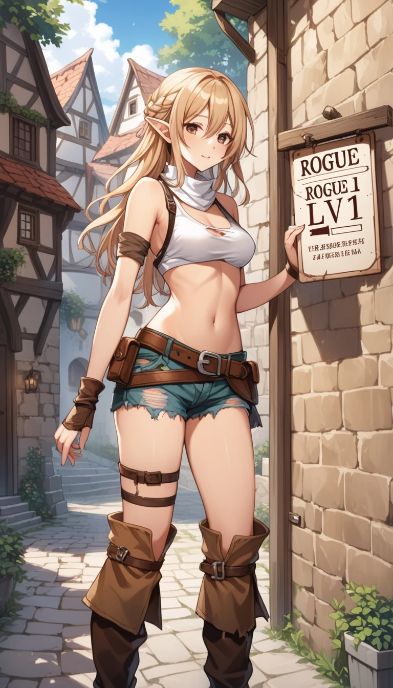 an elf girl, ((tiny, short, medium :1.5)), ((dressed in torn clothes, torn shorts, torn top, torn boots, leather belt:1.5)), ((blonde hair, disheveled hair)), ((a long braided hair:1.5)), ((dark tanned skin:1.35)), ((standing near brick wall)), medieval, fantasy cobblestone pavement, cowboy shot, side shot, ((holding in her hands, signboard, paper signboard, sign text is "ROGUE LVL 1":1.25)),
