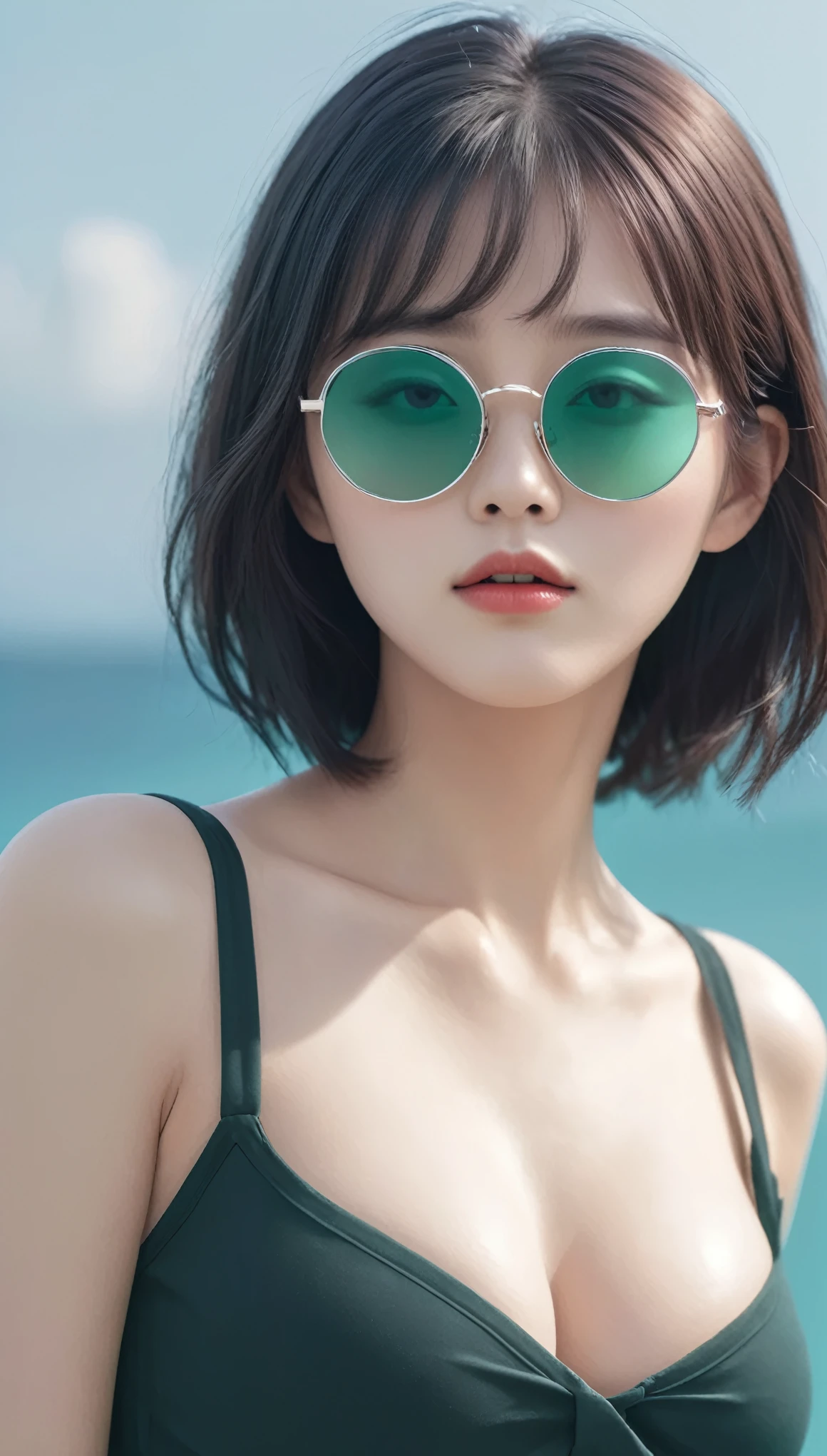 masterpiece,best quality,detail,Perfect composition,Excellent quality,HD Wallpapers,A young woman wearing crimson sunglasses,Big and round breasts,illustration,Anime aesthetic style,I can't believe how beautiful it was,Black Pearl and Mint,Monochrome minimalist portrait,Pop artistic sense,whole body,Dynamic,Solitary,Posing with hands on chest,