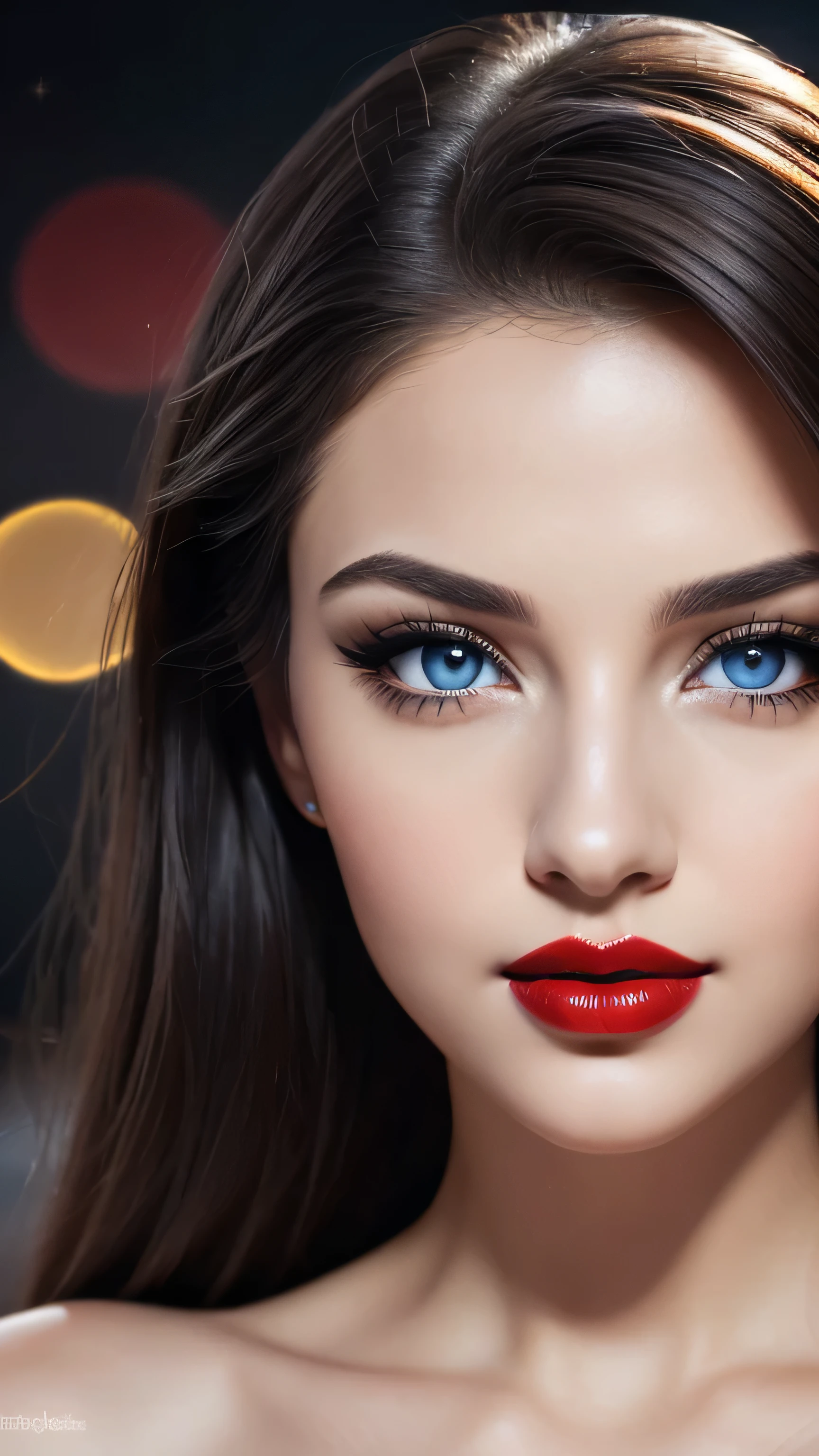 night bokeh effect background, Perfect Eyes, Great face, Beautiful appearance, ((Red lips, Bright Eyes, Curve Heir 1.5)), ((Beautiful detailed body)), Amazing gorgeous, amazing beautiful face, Pretty face, Bright Eyes, Updo Elegant Hair, Blurred gray tone background, super concentrated, Illuminate, Facial details, 8k resolution, I drew, Dry brush, Brush strokes
