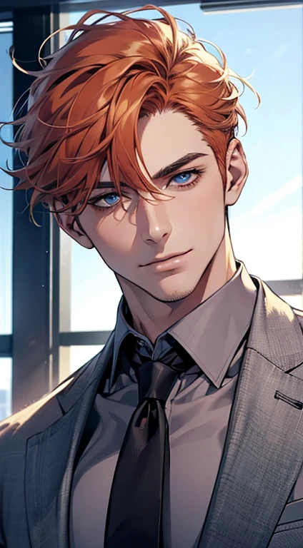 (best quality,4k,8k,highres,masterpiece:1.2),ultra-detailed,(realistic,photorealistic,photo-realistic:1.37),1 man,31 years old,mature man,very handsome,without expression,smile,short grey b
Orange hair,blue eyes,penetrating gaze,perfect face without errors,imposing posture,businessman,office background,cinematic lighting,hdr image