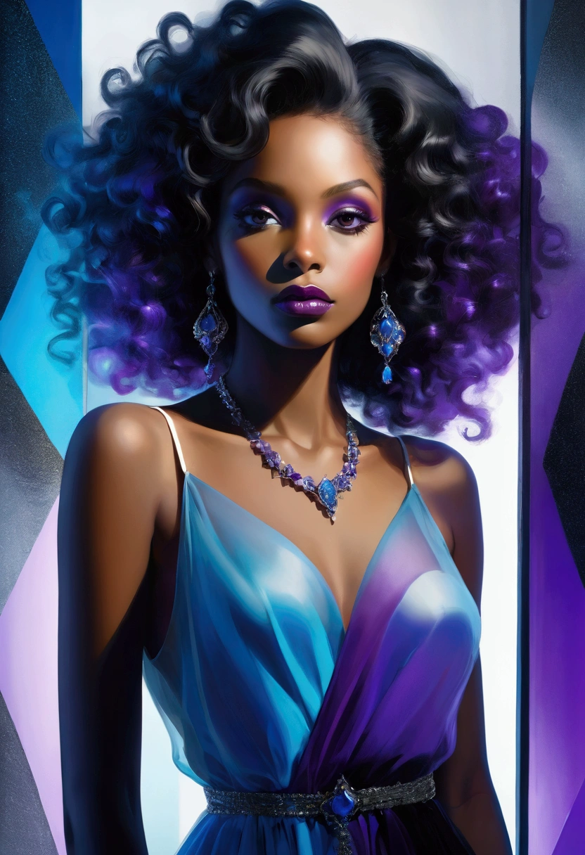 A wide-angle photo，Lillian Bassman Style, A beautiful black woman，With curly hair，Wearing colorful high fashion，Standing in a transparent glass museum，A puzzle filled with blue and purple pieces，The colors of the whole scene are blue and purple，Hyper-realistic images，32K，Ultra HD，illumination