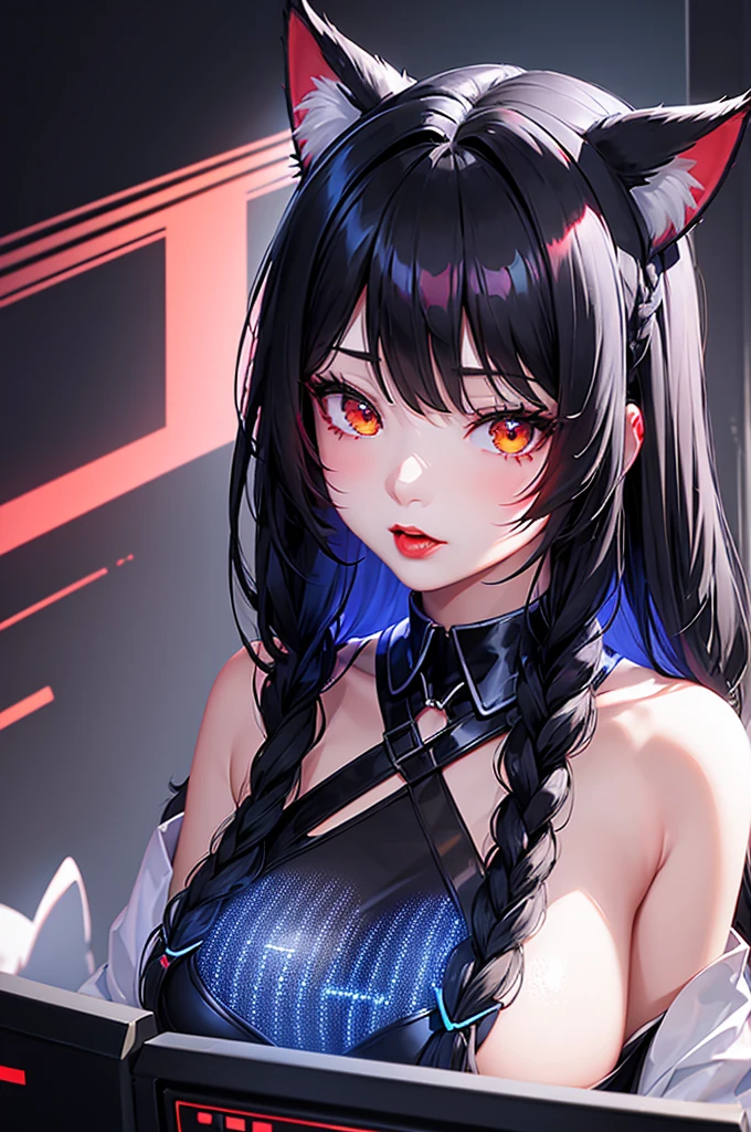 Detailed facial details，girl,Red lips，Cat ear，Black long hair，Large Breasts，Collar，Radiant Skin，Wearing black latex bikini，在俱乐部做 DJ 的girl，Lying in bed，Cyberpunk, White and blue gradient braided long hair flashing lights, Neon holographic transparent office，Glass