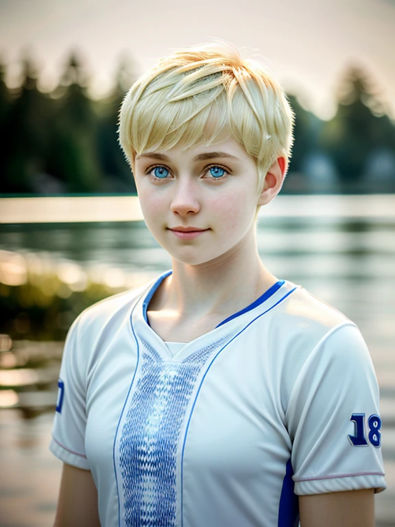 masterpiece, realistic, 8 K, (1 cute 18 year old girl:1.5), Russian, white sports jersey, (blonde hair:1.1) , shortcut, (pixie haircut:1.2), Blue eyes, musculature, looking into the distance, smile、Turning