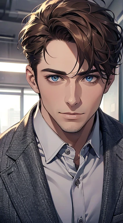 (best quality,4k,8k,highres,masterpiece:1.2),ultra-detailed,(realistic,photorealistic,photo-realistic:1.37),1 man,31 years old,mature man,very handsome,without expression,smile,short grey brown hair,blue eyes,penetrating gaze,perfect face without errors,imposing posture,businessman,office background,cinematic lighting,hdr image