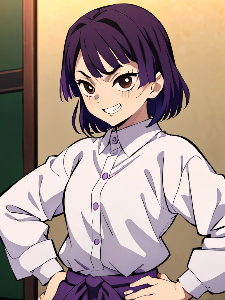 Masterpiece, best quality, 1 girl、Kimetsu no Yaiba style、Demon Slayer、purple hair、short hair、bouncy hair、unifrom hashira、hospital shirt、white shirt、brown eyes、grinning、cheerful、hands on hips、 angry、 strong face、 smiles、open mouth、roll shirt sleeves、