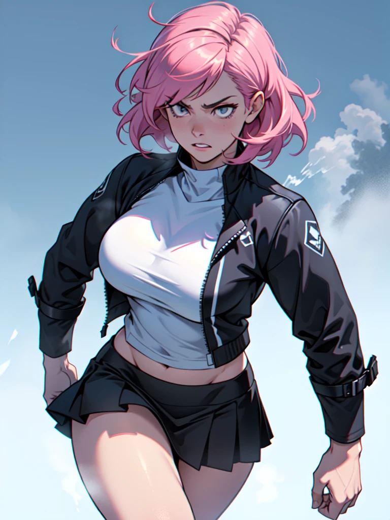 (best qualityer,4K,8k,high resolution,work of art:1.2),ultra detali,(realisitic,photorealisitic,photo-realisitic:1.37), 1 girl, Ice seasoning, pink hair, ready to fight, purple and white mini skirt, intense expression, plain white background, cold environment, steam rising, dynamic movement, confident attitude, cold atmosphere, Assassin outfit, big, pointy breasts