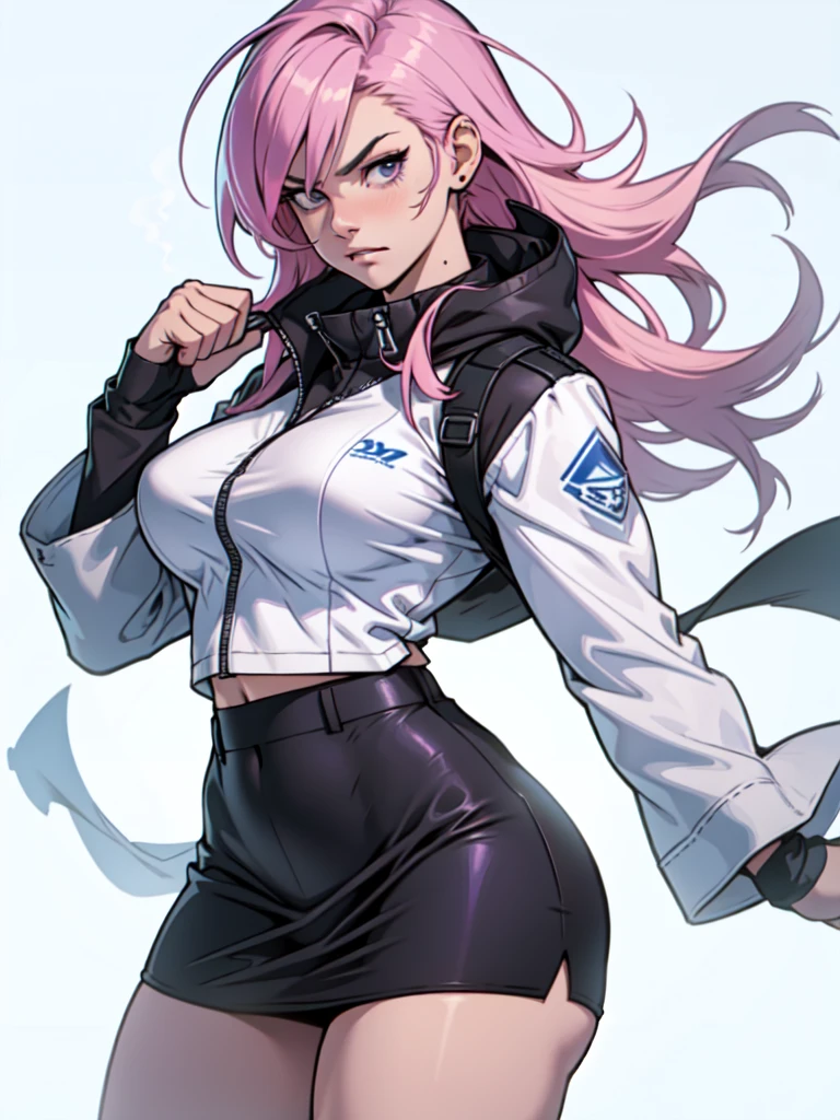 (best qualityer,4K,8k,high resolution,work of art:1.2),ultra detali,(realisitic,photorealisitic,photo-realisitic:1.37), 1 girl, Ice seasoning, pink hair, ready to fight, purple and white mini skirt, intense expression, plain white background, cold environment, steam rising, dynamic movement, confident attitude, cold atmosphere, Assassin outfit, big, pointy breasts