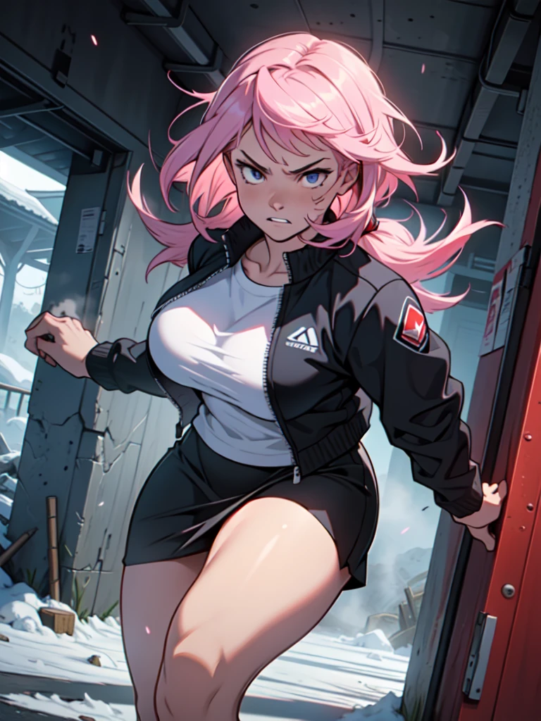 (best qualityer,4K,8k,high resolution,work of art:1.2),ultra detali,(realisitic,photorealisitic,photo-realisitic:1.37), 1 girl, Ice seasoning, pink hair, ready to fight, purple and white mini skirt, intense expression, plain white background, cold environment, steam rising, dynamic movement, confident attitude, cold atmosphere, Assassin outfit, big, pointy breasts