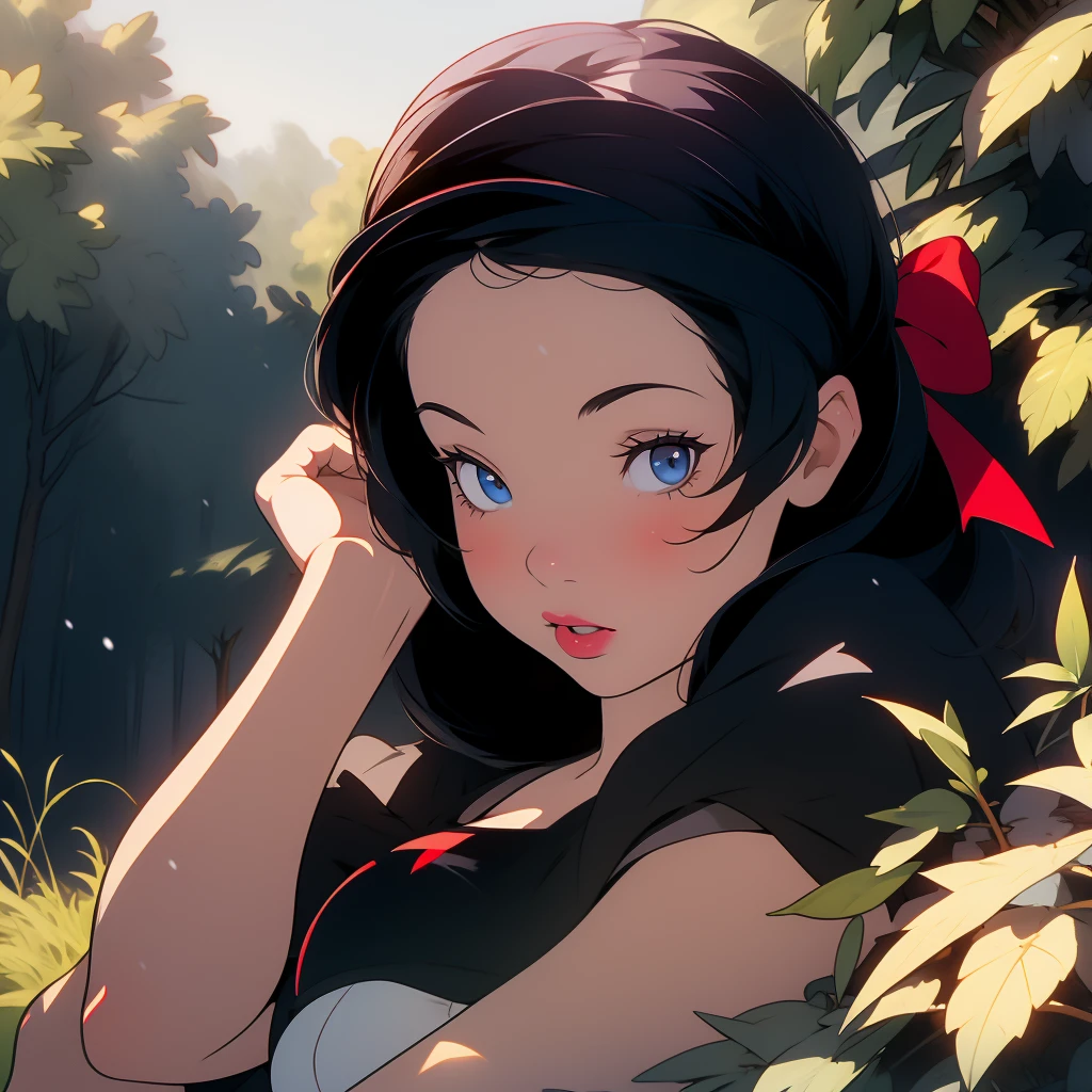 (masterpiece, best quality), beautiful girl, 
snow white, lying, (detailed beautiful eyes) medium body shot, short black hair, red ribbon, big breasts, cleveage, white panties, ultra detailed blue eyes,