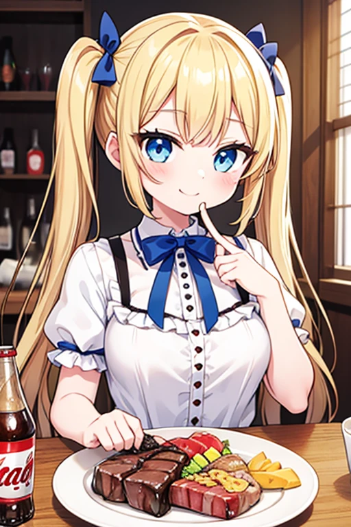 嬉しそうなsmile,５Eat a stack of steaks,big steak,Cola,Highest quality,Blonde with blue eyes、****ta、Small breasts、Twin tails、girl&#39;enjoy,smile,bonnet,