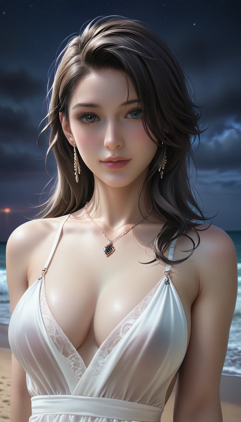 score_9, score_8_superior, score_7_superior, Masterpieces with up to 16K resolution,Highest quality,it is really amazing,Very detailed,Ultra-high resolution,(Ultra-realistic:1.1),(Realistic:1.1),Increased depth of field,Cinematic lighting,
Elegant Japanese MILF,
Long black hair,Ultra-detailed and beautiful face,Translucent white skin,Realistic skin texture,
(Elegant swimwear:1.1),
Bold design,Artistic design,Beautiful and detailed pattern,Detailed fabric texture,
Gorgeous necklace,Earrings,
(Deserted beach at night:1.4),(Dark night sky with dark clouds:1.4),
(Dramatic Angle:1.1),