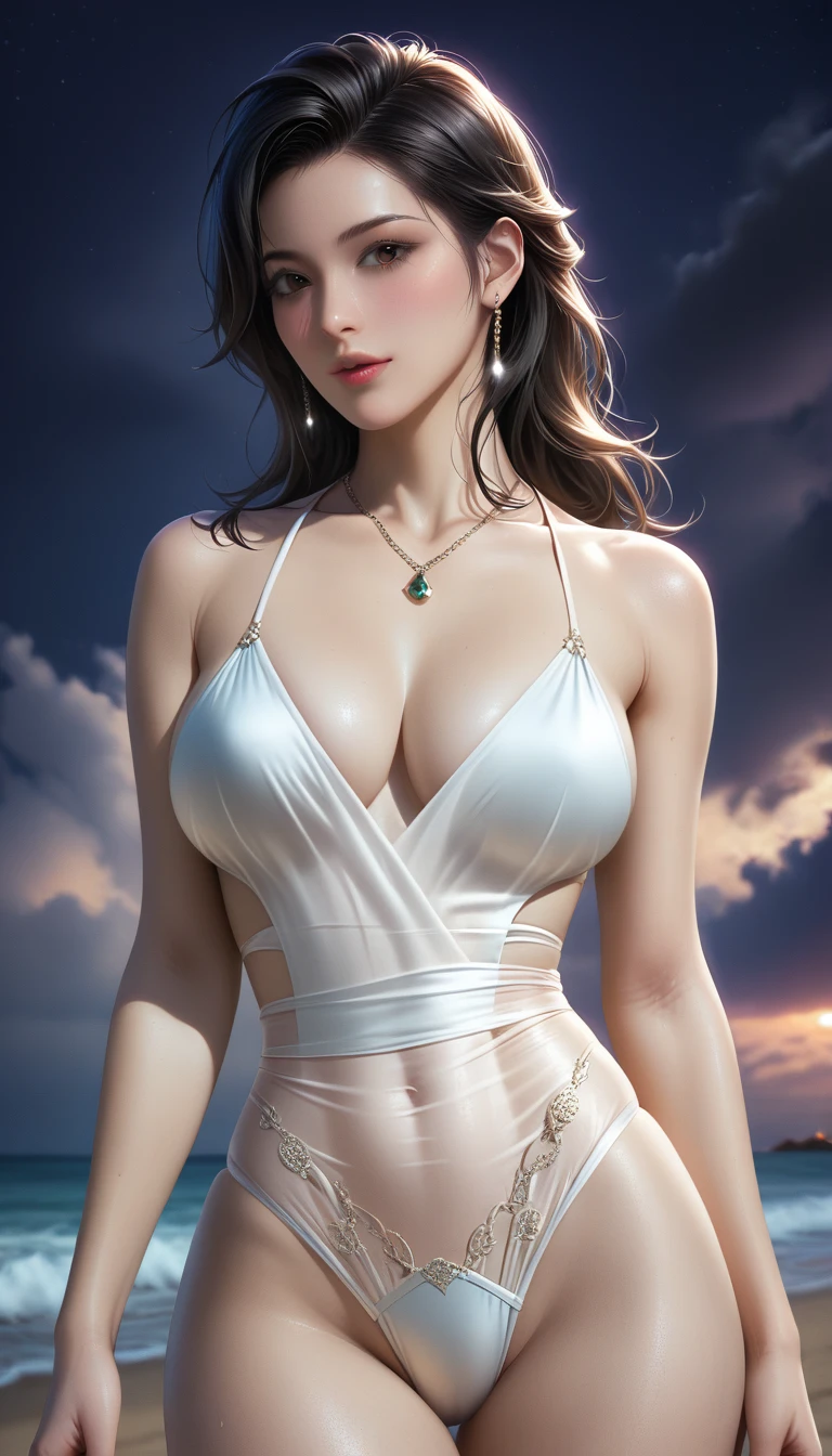 score_9, score_8_superior, score_7_superior, Masterpieces with up to 16K resolution,Highest quality,it is really amazing,Very detailed,Ultra-high resolution,(Ultra-realistic:1.1),(Realistic:1.1),Increased depth of field,Cinematic lighting,
Elegant Japanese MILF,
Long black hair,Ultra-detailed and beautiful face,Translucent white skin,Realistic skin texture,
(Elegant swimwear:1.1),
Bold design,Artistic design,Beautiful and detailed pattern,Detailed fabric texture,
Gorgeous necklace,Earrings,
(Deserted beach at night:1.4),(Dark night sky with dark clouds:1.4),
(Dramatic Angle:1.1),