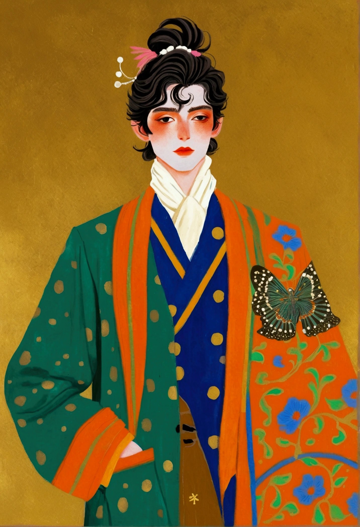 In a painting,A man in a colorful jacket、Delicate androgynous prince wearing a scarf, Gouache inspired by Lubin Baugin, cg Social Hotspot, Cloisonnism, detailed Fashion Illustration, Fashion Illustration, luxury Fashion Illustration, Pale kimono, Complex Abstract. Gucci style, cypherpunk Fashion Illustration,