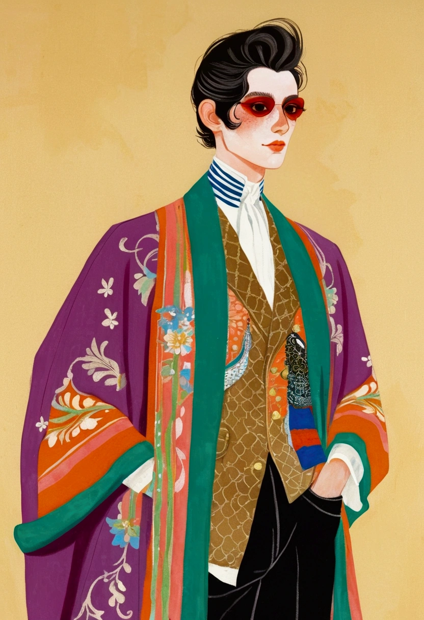 In a painting,A man in a colorful jacket、Delicate androgynous prince wearing a scarf, Gouache inspired by Lubin Baugin, cg Social Hotspot, Cloisonnism, detailed Fashion Illustration, Fashion Illustration, luxury Fashion Illustration, Pale kimono, Complex Abstract. Gucci style, cypherpunk Fashion Illustration,