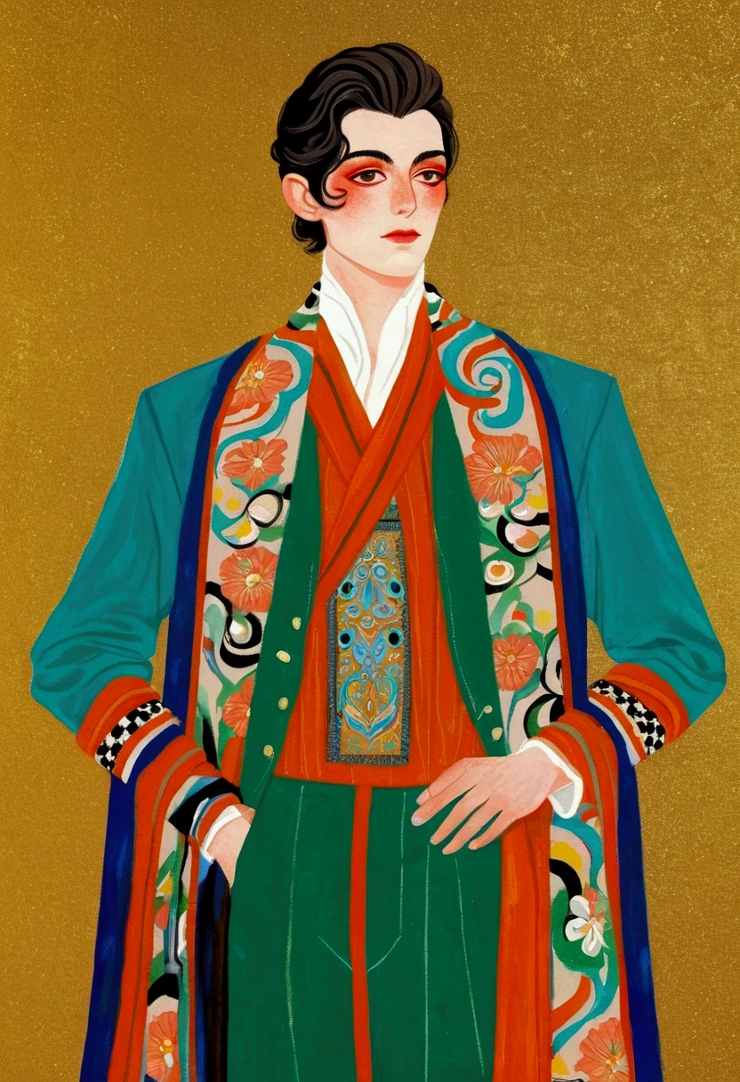 In a painting，A man in a colorful jacket、Delicate androgynous prince wearing a scarf, Gouache inspired by Lubin Baugin, cg Social Hotspot, Cloisonnism, detailed Fashion Illustration, Fashion Illustration, luxury Fashion Illustration, Pale kimono, Complex Abstract. Gucci style, cypherpunk Fashion Illustration, 