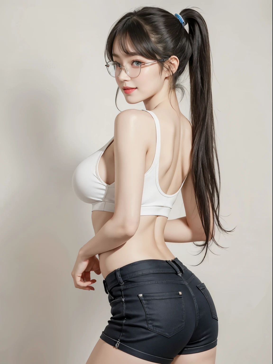 (Best quality, masterpiece, detailed), (RAW, 4k, hd images), shy, 1 girl, , white skin, long hair, ponytail, layers hair, bangs, black hair, beautiful girl, cute girl, sweet girl, pretty girl, perfect girl, pretty eyes, blue eyes, thin lips, thin, eye line, huge breast, glasses(detailed frame), simple background, smile, thigh, legs, crop tanktop, short pants, standing, back side angle capture, half body, side breast, big breast, large breast