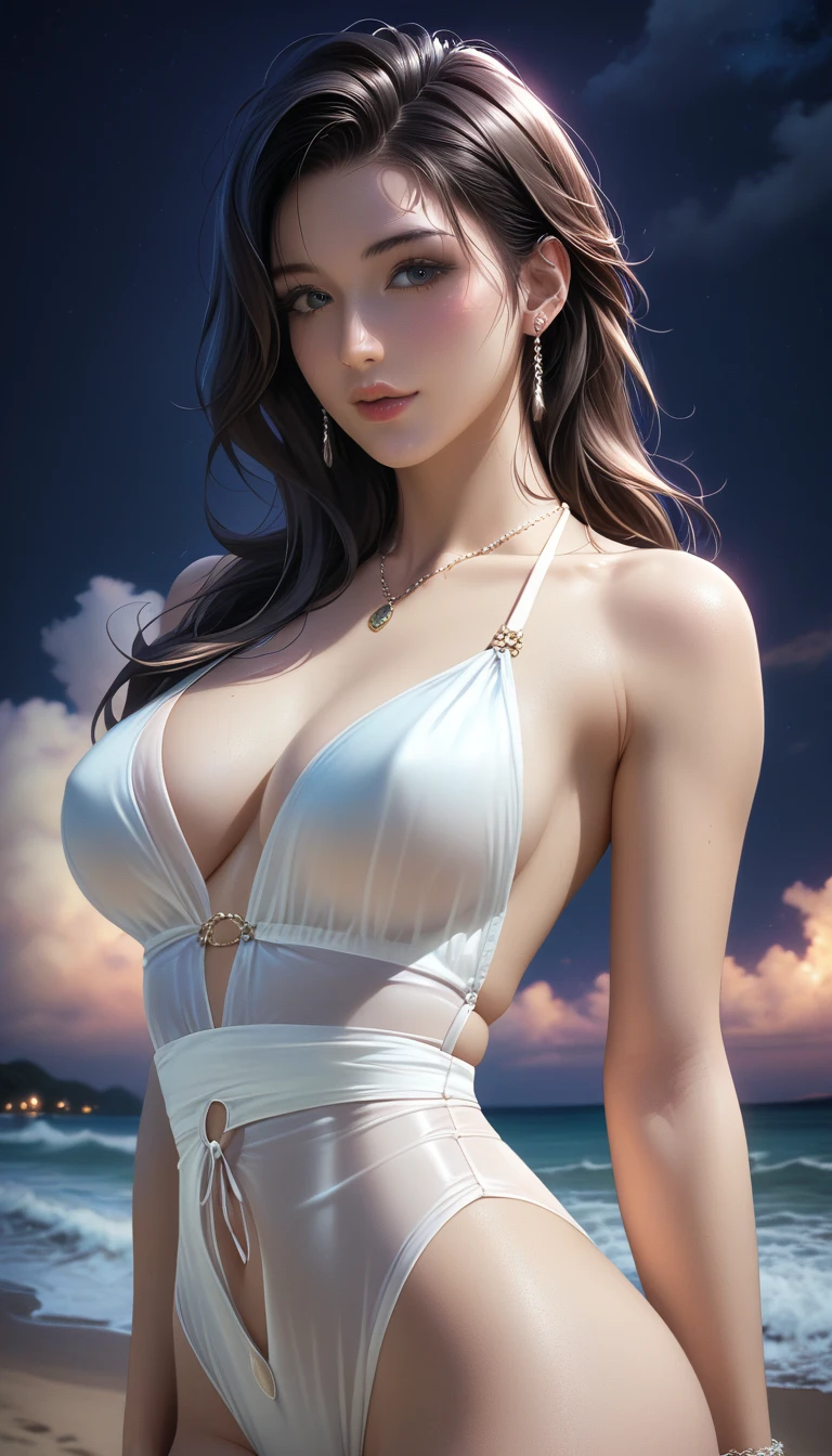 score_9, score_8_superior, score_7_superior, Masterpieces with up to 16K resolution,Highest quality,it is really amazing,Very detailed,Ultra-high resolution,(Ultra-realistic:1.1),(Realistic:1.1),Increased depth of field,Cinematic lighting,
Elegant Japanese MILF,
Long black hair,Ultra-detailed and beautiful face,Translucent white skin,Realistic skin texture,
(Elegant swimwear:1.1),
Bold design,Artistic design,Beautiful and detailed pattern,Detailed fabric texture,
Gorgeous necklace,Earrings,
(Deserted beach at night:1.4),(Dark night sky with dark clouds:1.4),
(Dramatic Angle:1.1),