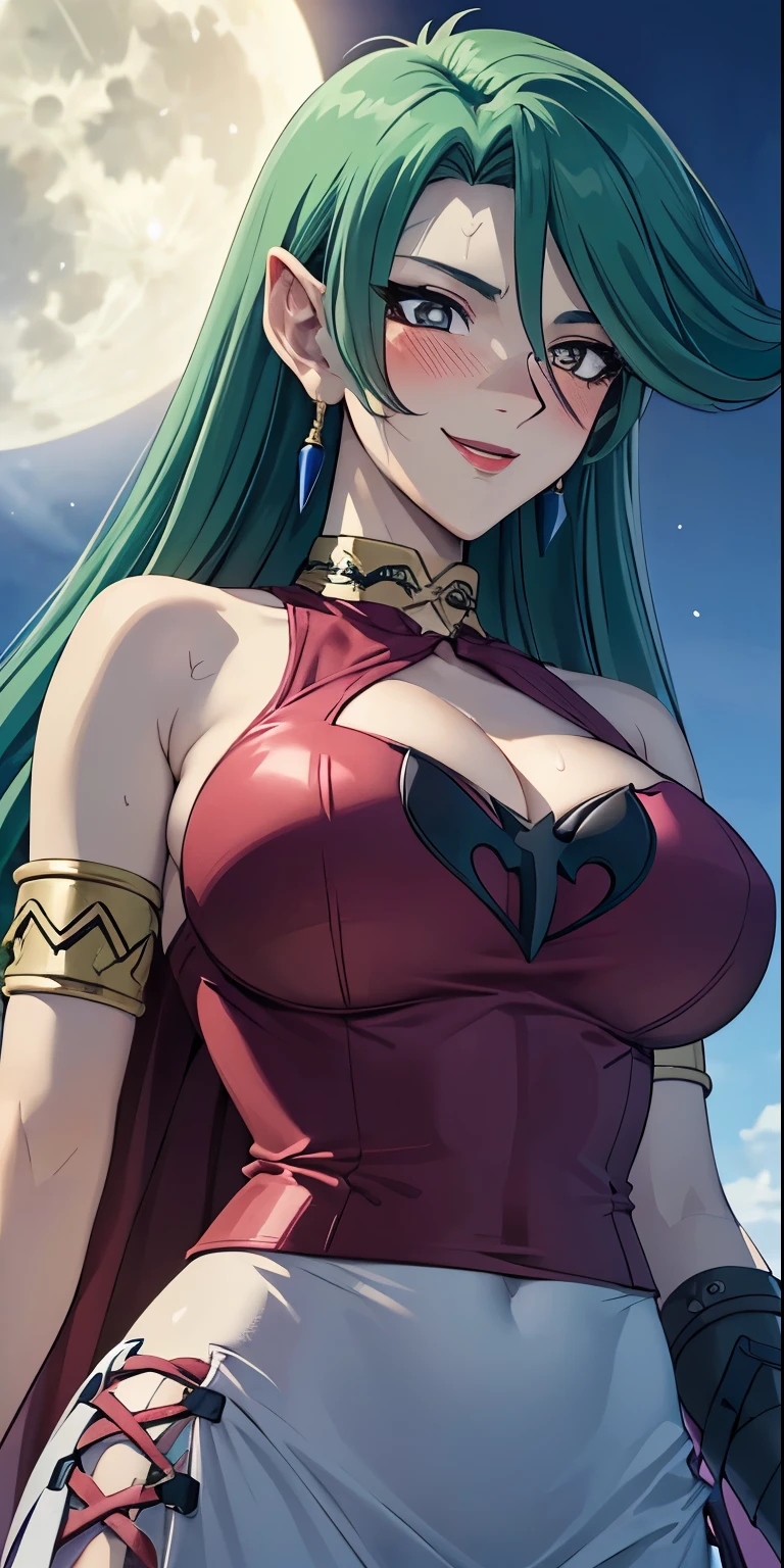 1 Female,High definition,high resolution,Ultra-realistic,8K, 8K, Camula, 1girl, solo,clear skin, long red dress, latex dress,armlets,clear skin, evil smile,European,sexy,Upper body close-up,Photographed from the front,Dynamic Angles,(blush), big tits , happy, wink the eye,facial, sweat,multicolored hair , outdoors, moonlight, night