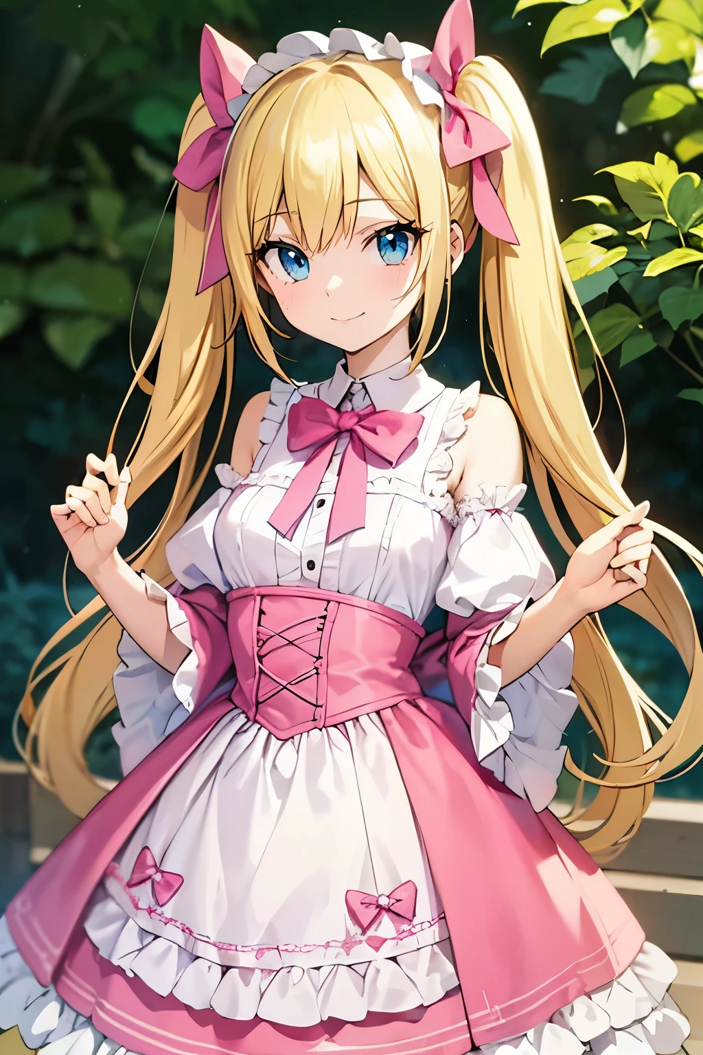 Safe for work, masterpiece, best quality, solo, 1 girl,  cute girl, wholesome girl, (young female body:1.4), ( medium small breasts), cowboy shot, shy smile, flustered, yellow hair, thick wavy hair, extra long hair, hime cut, very blunt bangs, light blue eyes, detailed eyes, outside, lolita fashion, pink red lolita dress, pigtails, cozy background, hot pink lolita dress, ribbons, bows