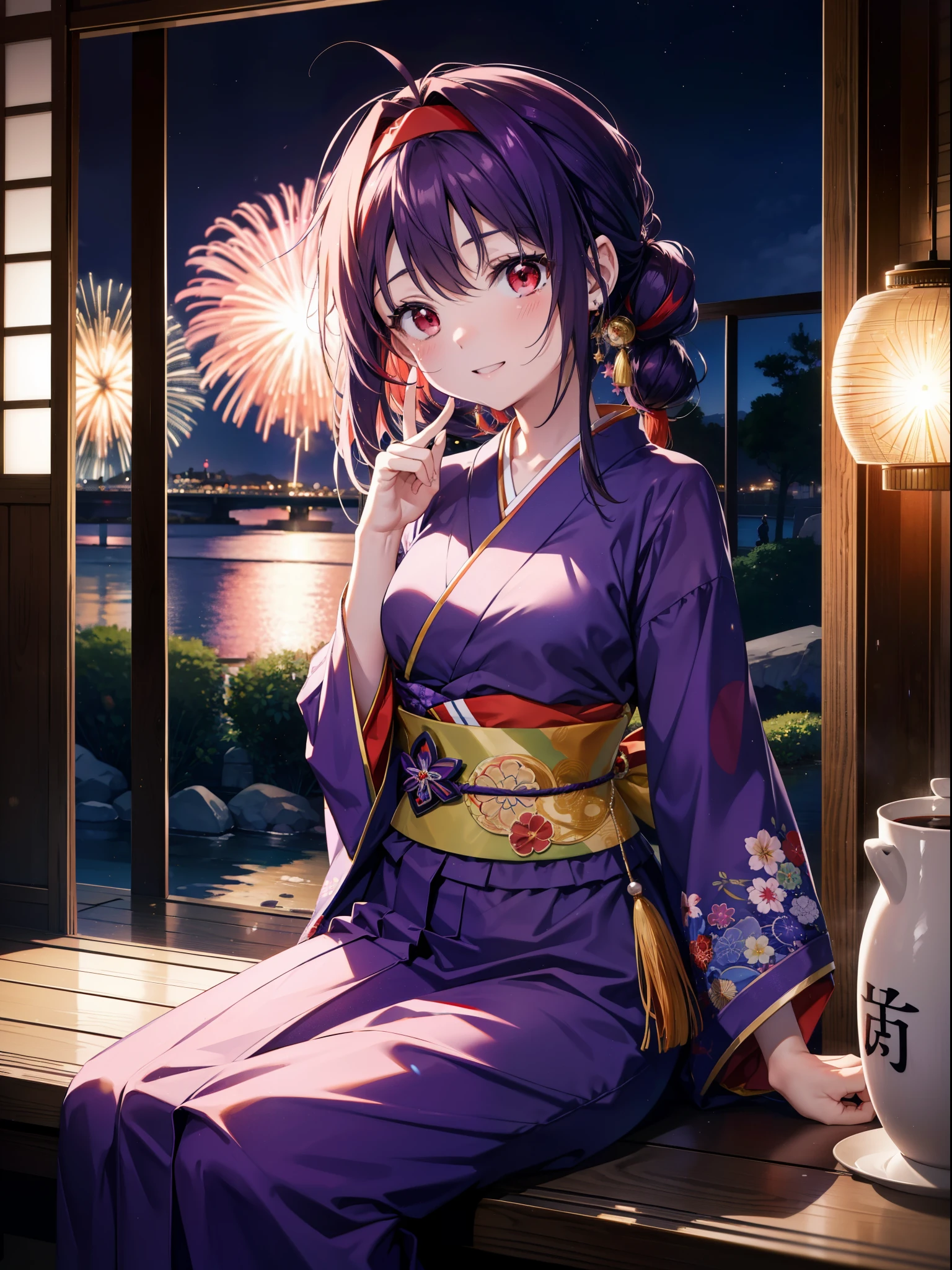 yuukikonno, Yuuki Konno, hair band, Long Hair, Pointed Ears, Purple Hair, Ahoge,(Red eyes:1.5), (Small breasts:1.2),low twin tail,smile,blush,Open your mouth,Purple Kimono,Purple long skirt,Fireworks in the night sky,Fireworks,The place is a fireworks display,Time is night,sunny day,Sitting on a bench,Wind Chimes,whole bodyがイラストに入るよう,
break looking at viewer, , whole body, (Cowboy Shot:1. 5)
break indoors, Veranda,Japanese garden,
break (masterpiece:1.2), Highest quality, High resolution, unity 8k wallpaper, (figure:0.8), (Beautiful attention to detail:1.6), Highly detailed face, Perfect lighting, Highly detailed CG, (Perfect hands, Perfect Anatomy),