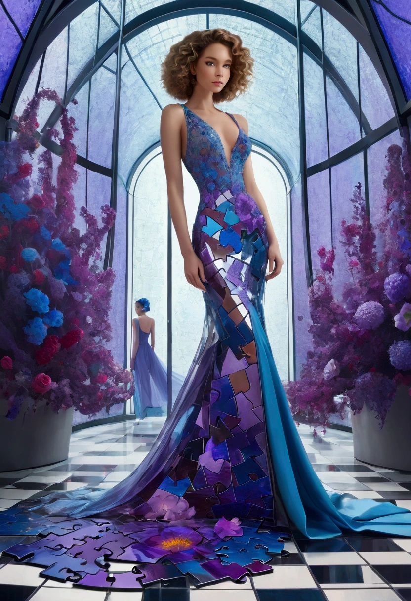 A wide-angle photo,Megan Hess Style, A beautiful woman,With curly hair,Wear haute couture,In a transparent glass museum,The whole scene is filled with blue and purple puzzle pieces,Colorful flowers background, Hyper-realistic images,32K,Ultra HD,illumination