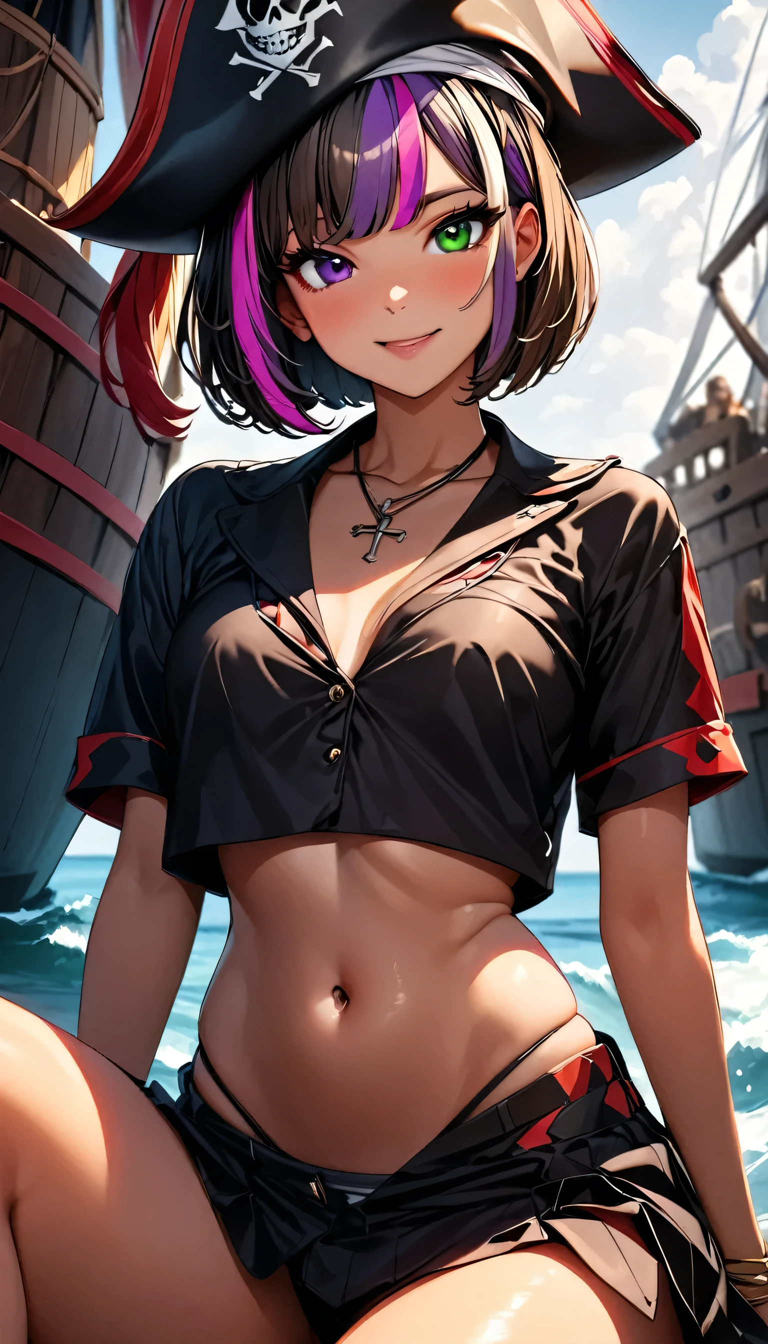 (highest quality:1.2, Very detailed, up to date, Vibrant, Ultra-high resolution, High Contrast, masterpiece:1.2, highest quality, Best aesthetics), Portraiture、girl、solo, (25-years-old:1), (slim:1), heterrochromia, green eye, red eye, Bright color,(female pirate:1), wearing sexy pirate costume, Jack Sparrow Style, wearing pirate hat, proud, grinning, cross-legged, on the ship, with a pirate ship, Beautiful fine details、Beautiful lip detail、extra short hair, ((bob cut:1.5))、pink and purple, ((streaked hair:1.9)), (highlights hair: 1.6), (medium breast:0.5), (tan skin:0.5), (crop top navel), looking at viewer, cowboy shot:1,