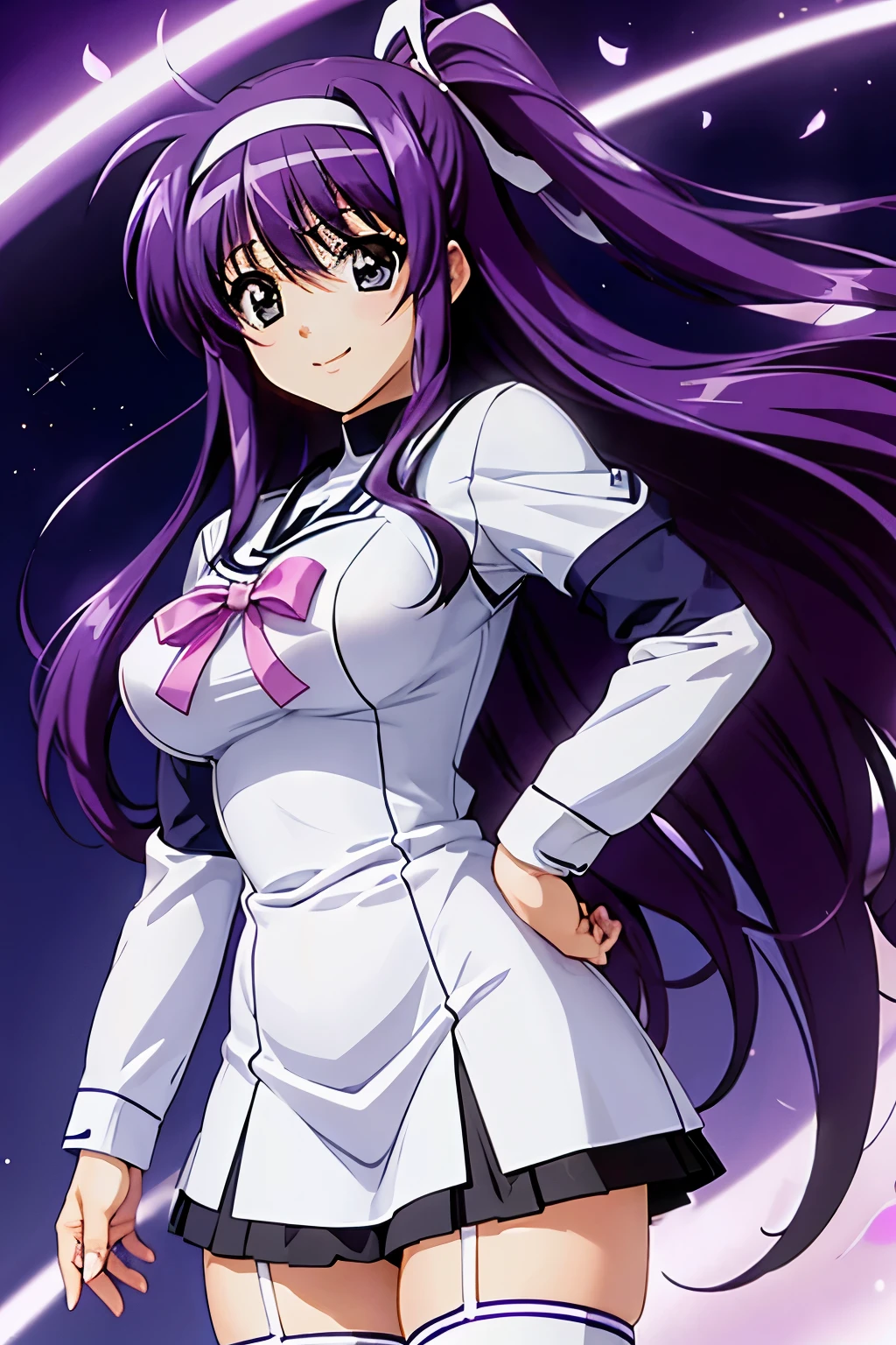 Suzuka Tsukimura、suzuka、"Magical Girl Lyrical Nanoha"、Purple Hair、long hair、hair band、Big Breasts、high school girl、Night Clan、Gym suit、Bloomers、A kind smile、Hands clasped behind back（（（ＳＦＷ、sound、Highest quality、first-clasasterpiece、Normal body、8k、Detailed face、Ultra-precision、Normal hand、Normal finger、５Finger、Highest）））