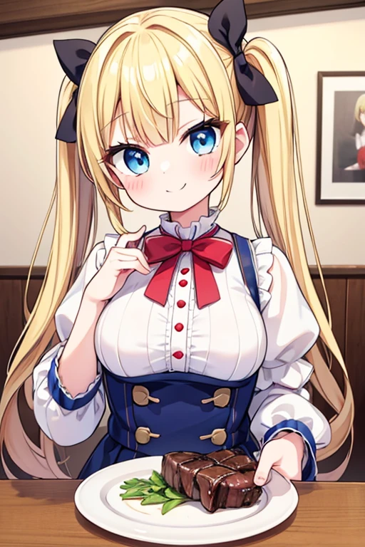 嬉しそうなsmile,５Eat a heavy steak,big steak,Cola,Highest quality,Blonde with blue eyes、****ta、Small breasts、Twin tails、girl&#39;enjoy,smile,bonnet,