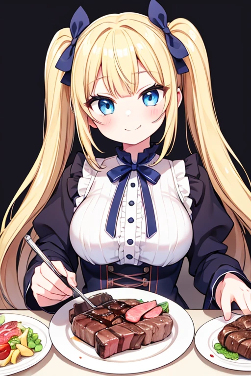 嬉しそうなsmile,５Eat a heavy steak,big steak,Cola,Highest quality,Blonde with blue eyes、Lolita、Small breasts、Twin tails、girl&#39;enjoy,smile,bonnet,