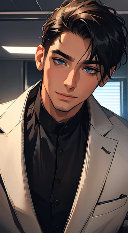 (best quality,4k,8k,highres,masterpiece:1.2),ultra-detailed,(realistic,photorealistic,photo-realistic:1.37),1 man,31 years old,mature man,very handsome,without expression,smile,short grey black hair,blue eyes,penetrating gaze,perfect face without errors,imposing posture,businessman,office background,cinematic lighting,hdr image