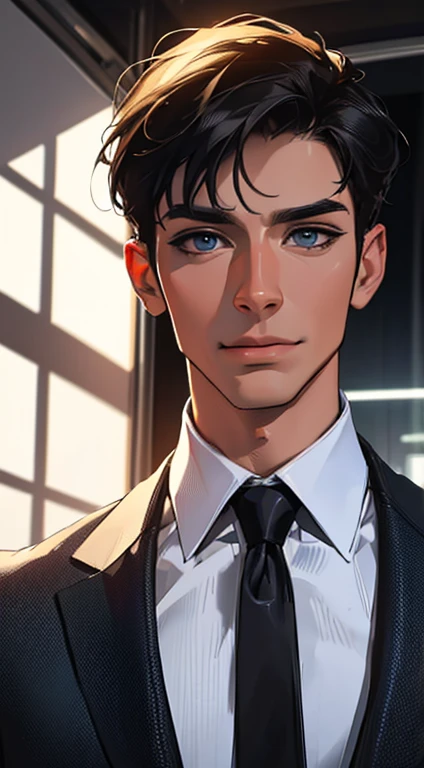 (best quality,4k,8k,highres,masterpiece:1.2),ultra-detailed,(realistic,photorealistic,photo-realistic:1.37),1 man,31 years old,mature man,very handsome,without expression,smile,short grey black hair,blue eyes,penetrating gaze,perfect face without errors,imposing posture,businessman,office background,cinematic lighting,hdr image
