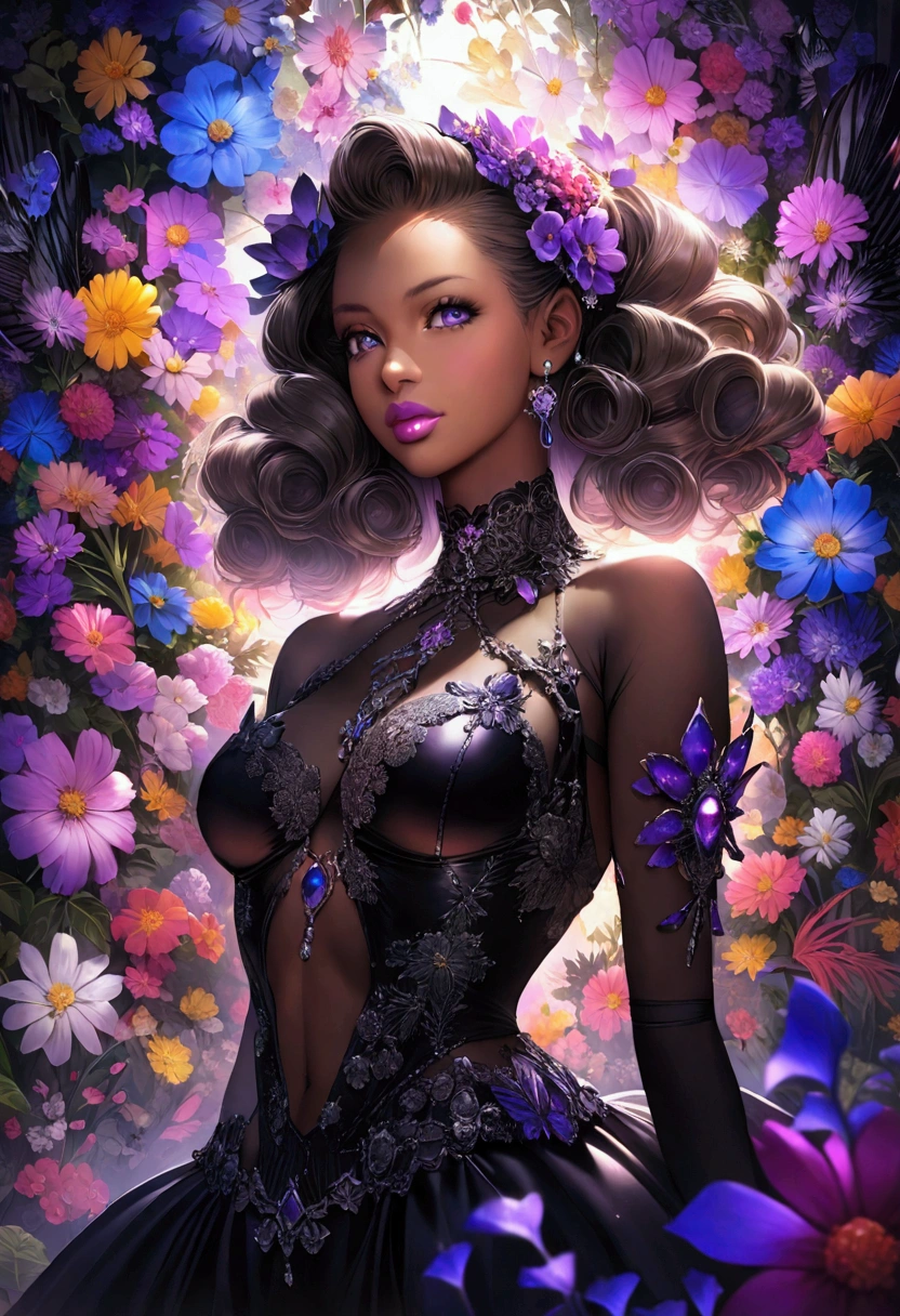 A wide-angle photo，Lillian Bassman Style, A beautiful black woman，With curly hair，Wear haute couture，In a transparent glass museum，The whole scene is filled with blue and purple puzzle pieces，Colorful flowers background, Hyper-realistic images，32K，Ultra HD，illumination