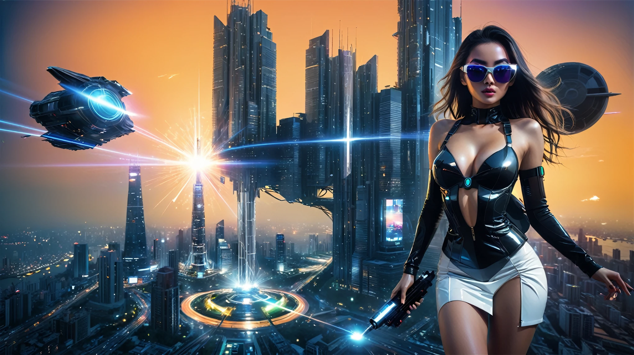 At dark night, aerial view of futuristic sci-fi cyberpunk city, skyscrapers, (flying vehicle), vortex-spirit-spreading giant hologram ((clock tower)) as time machine, Matrix style, (1girl, solo), large-breast:1.2 slim body, cleavage:1.3, tube top, miniskirt, (mini black sunglasses), ((holding a laser pistol)), dynamic pose, half-body thigh level medium shot, cinematic lighting, lens flare, ray tracing.