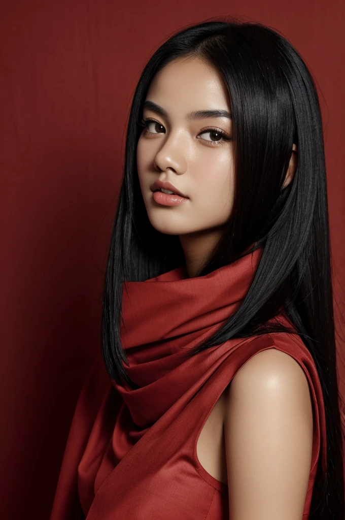 ((best quality)), ((masterpiece)), (detailed), 1girl, black hair straight and long, her mouth and face covered with a red cloth, the background plain red.