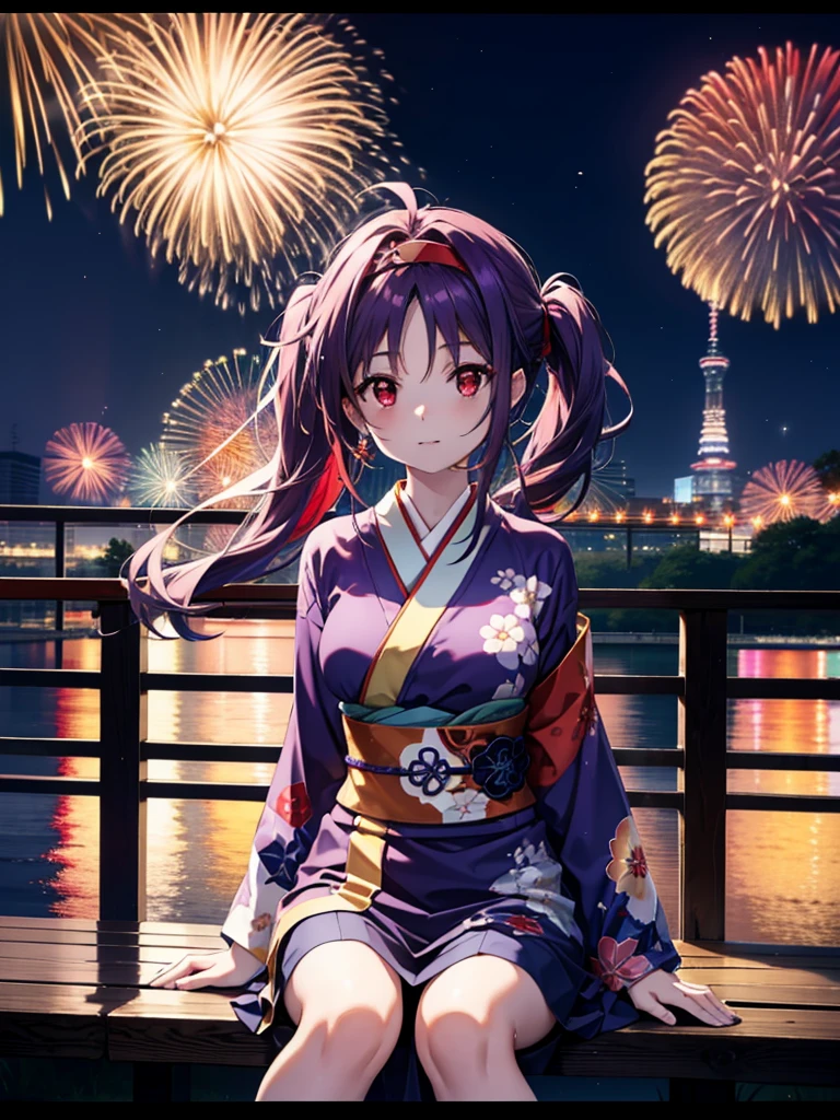 yuukikonno, Yuuki Konno, hair band, Long Hair, Pointed Ears, Purple Hair, Ahoge,(Red eyes:1.5), (Small breasts:1.2),low twin tail,smile,blush,Open your mouth,Purple Kimono,Purple long skirt,Fireworks in the night sky,Fireworks,The place is a fireworks display,Time is night,sunny day,Sitting on a bench,Wind Chimes,whole bodyがイラストに入るよう,
break looking at viewer, , whole body, (Cowboy Shot:1. 5)
break indoors, Veranda,Japanese garden,
break (masterpiece:1.2), Highest quality, High resolution, unity 8k wallpaper, (figure:0.8), (Beautiful attention to detail:1.6), Highly detailed face, Perfect lighting, Highly detailed CG, (Perfect hands, Perfect Anatomy),