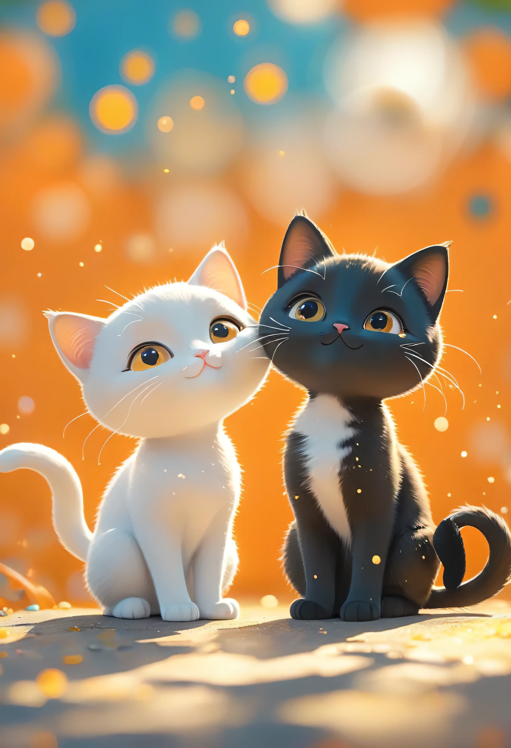 (masterpiece, Highest quality:1.2), Close-up of two cartoon cats on an orange background, Cute cats、Beautiful and detailed digital art, 4K High Resolution、Illustration wallpaper, Cute black cat、Blurred dream picture, 4K 、HD Wallpaper Illustration, Cute 3D rendering, Beautiful artistic illustration, 2D illustration, 2D illustration, Blurry dreamy illustration, Spectacular concept art. Bokeh、Depth of subject,  1qpnh1